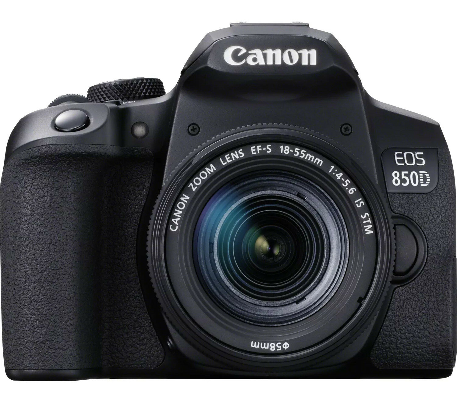Czarny aparat Canon EOS 850D z obiektywem i widoczną nazwą marki.