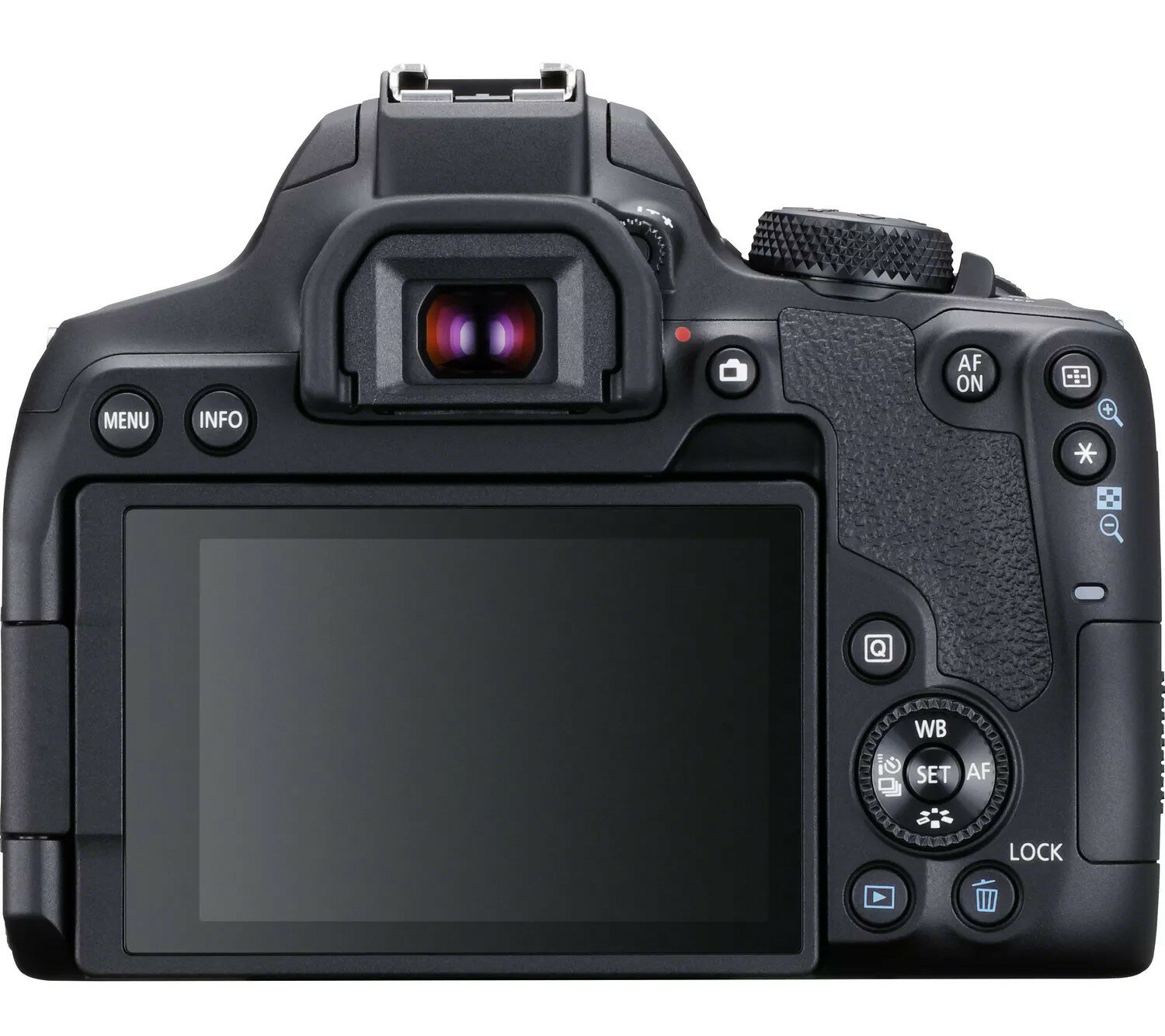 Tył czarnego aparatu, wyświetlający ekran z przyciskami i pokrętłami ustawień.