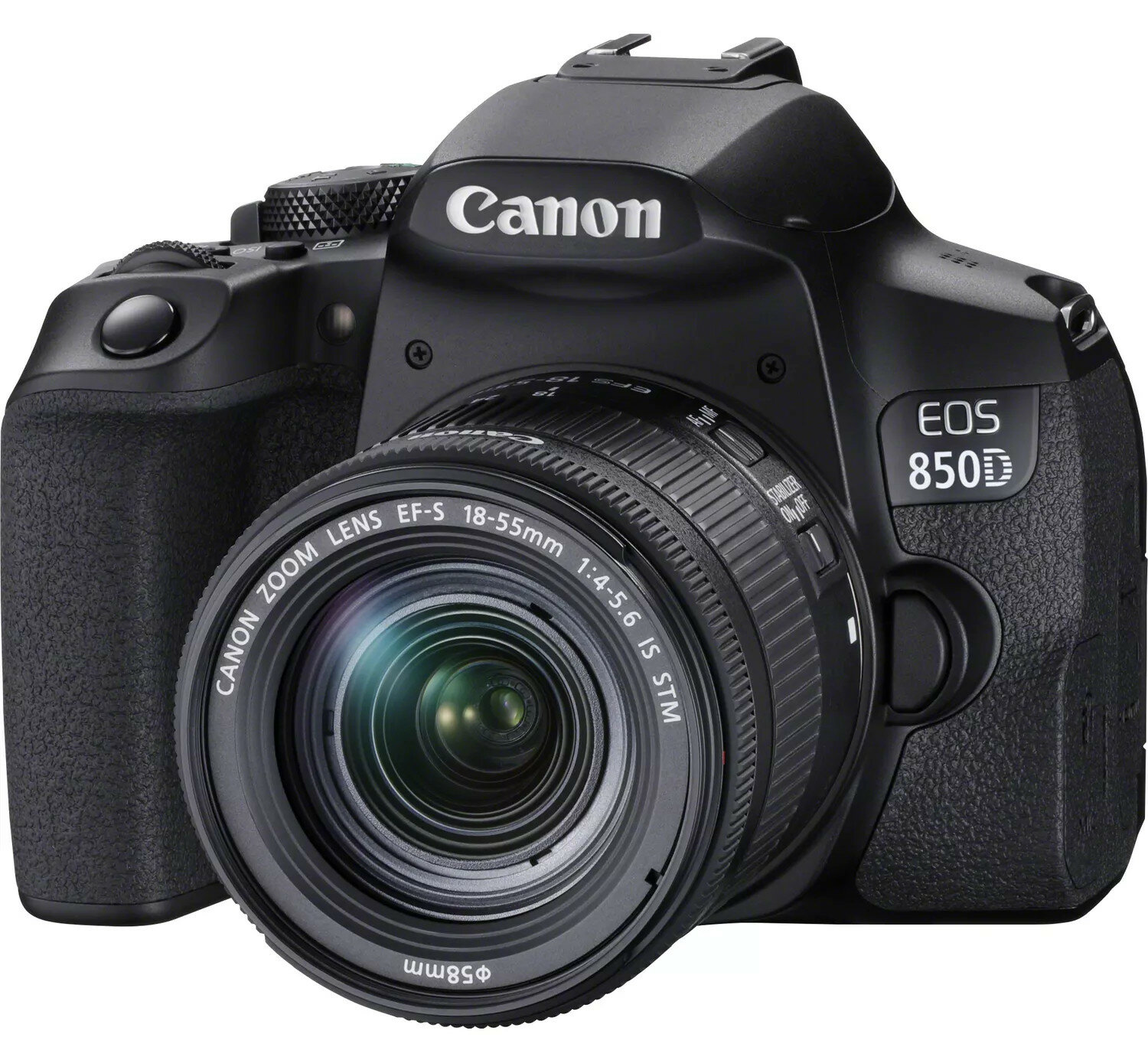 Czarny aparat Canon EOS 850D z obiektywem, przyciskami i ekranem, na białym tle.