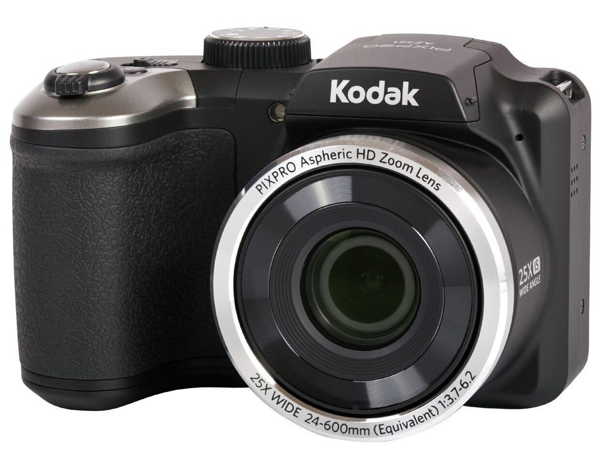 Czarny i srebrny aparat Kodak PixPro z dużym obiektywem i lampą błyskową na górze.