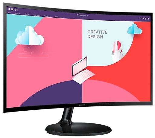 Zakrzywiony monitor z napisem 'Creative Design', laptopem i chmurami.