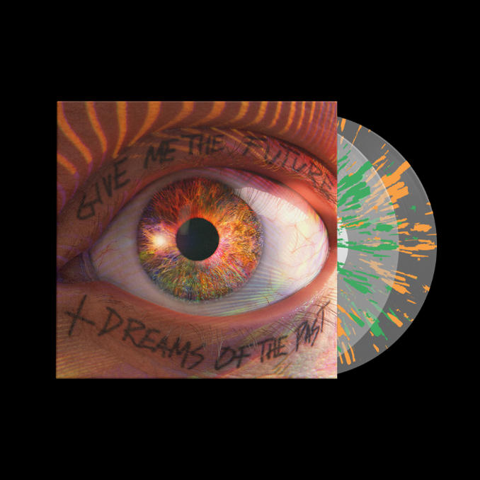 Album borító szem képpel és kézírásos szöveggel. Vinyl lemezek narancs és zöld fröccsenésekkel.