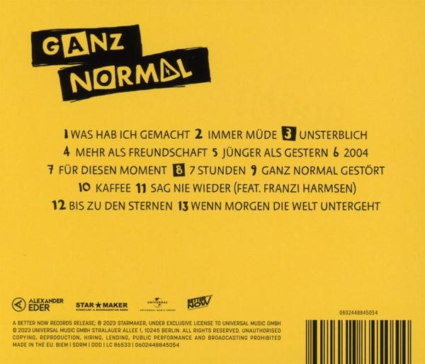 Rückseite einer Ganz Normal CD. Text und Trackliste auf gelbem Hintergrund.
