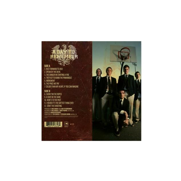 Albumcover mit Bandmitgliedern in Anzügen, Basketballkorb im Hintergrund und Songtiteln auf der Seite.