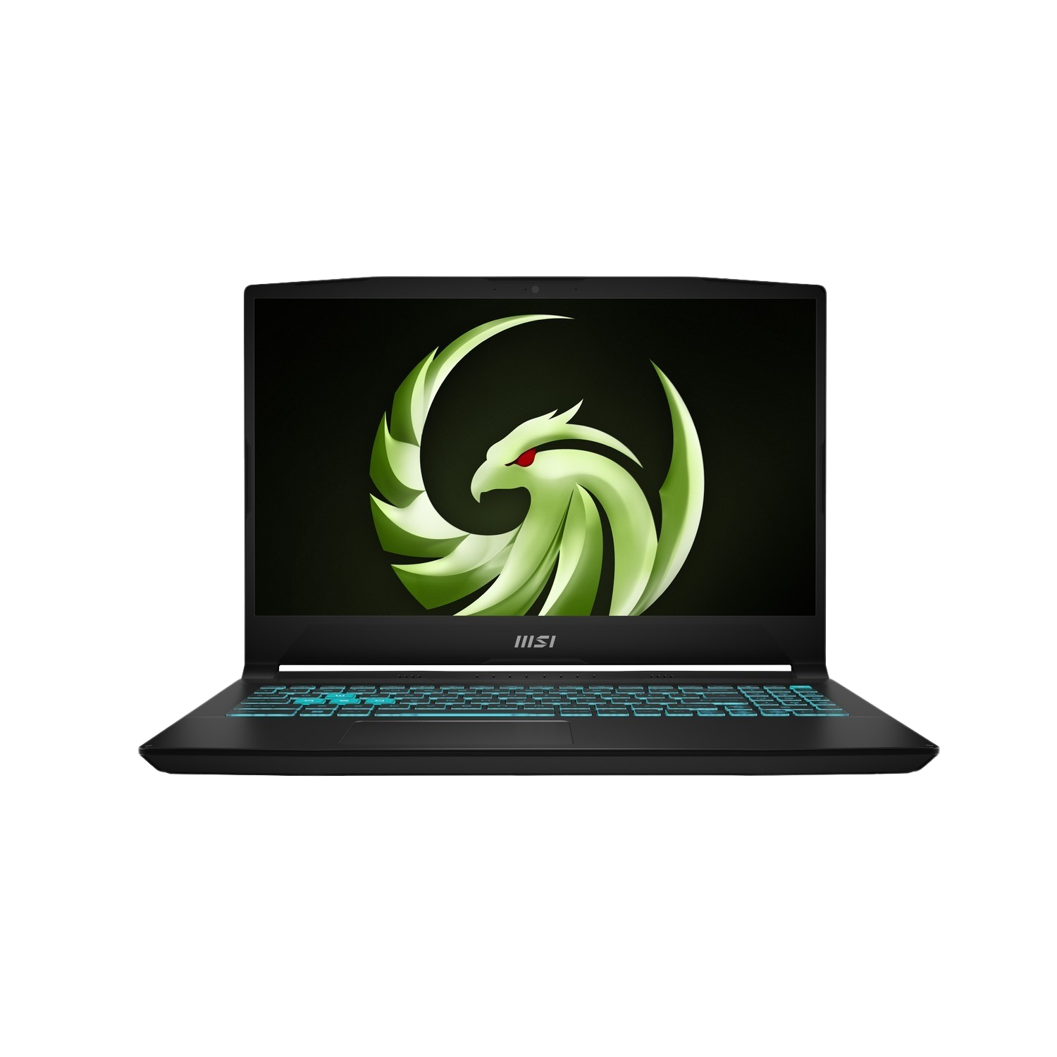 Ordinateur portable noir avec logo vert sur l'écran. Le clavier a un rétroéclairage bleu. Le fond est noir.