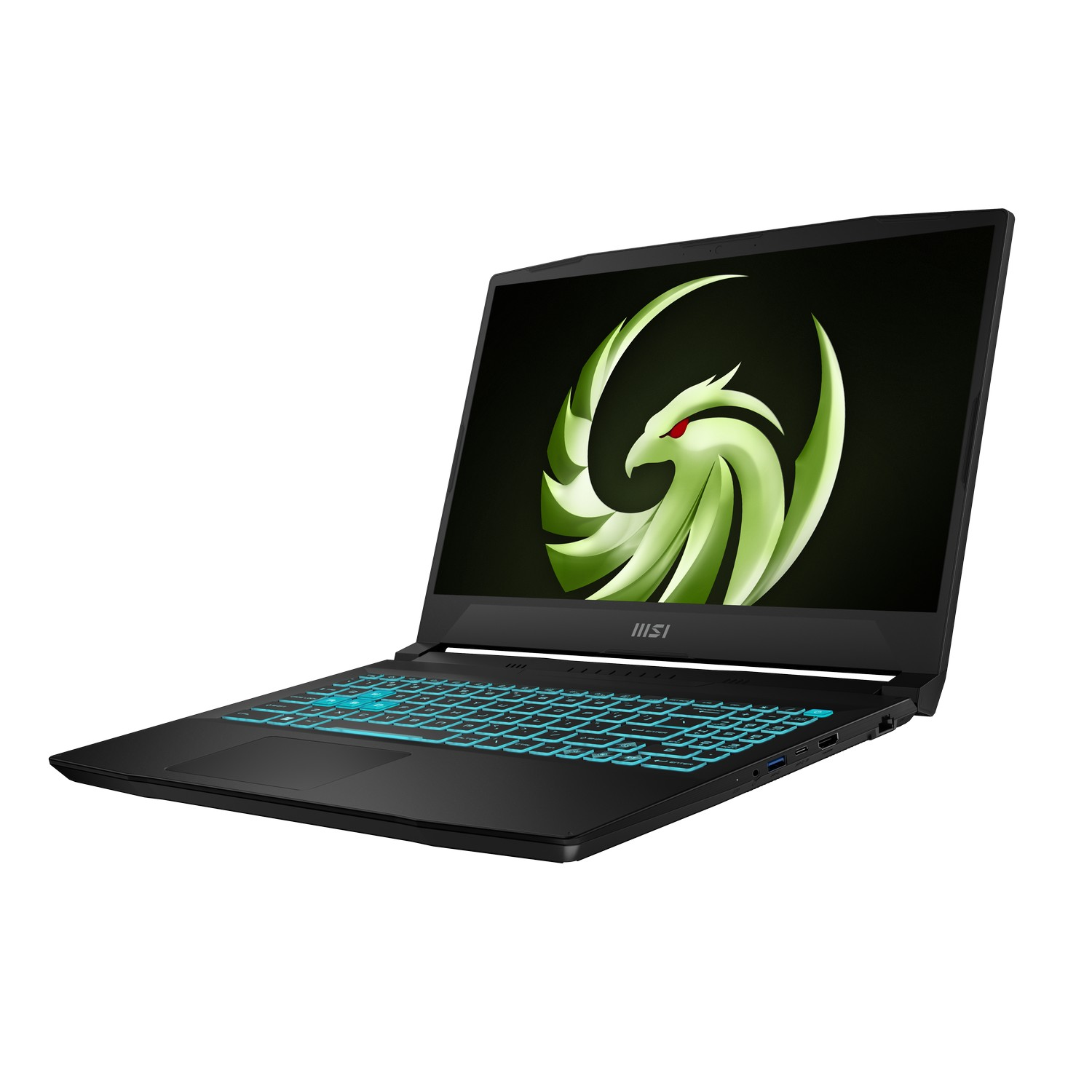 Un ordinateur portable noir est ouvert, affichant un logo de dragon vert sur l'écran. Le clavier est rétroéclairé en bleu. Le fond est blanc.