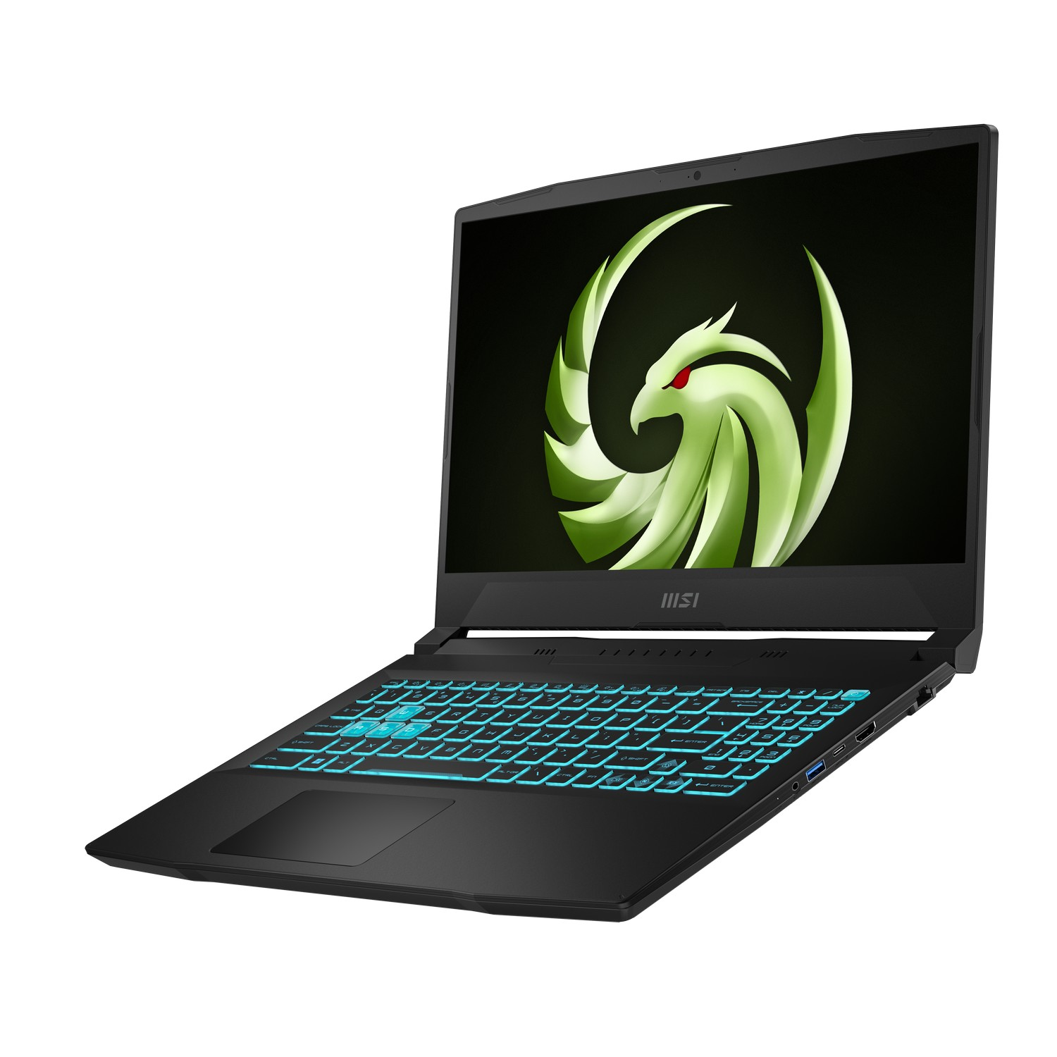 Un ordinateur portable MSI noir est ouvert, affichant un logo vert sur l'écran. Le clavier a des touches rétroéclairées bleues. Le fond est blanc.