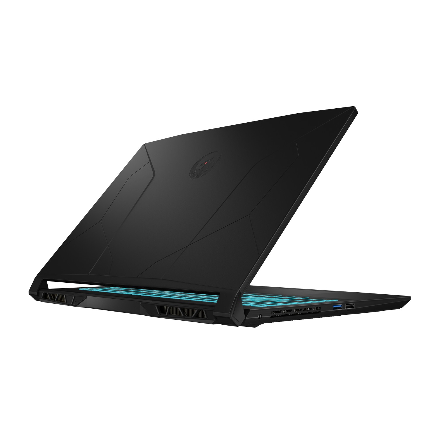Ordinateur portable noir avec clavier rétroéclairé bleu, ouvert en angle. Le couvercle a un design, et l'ordinateur est sur fond blanc.