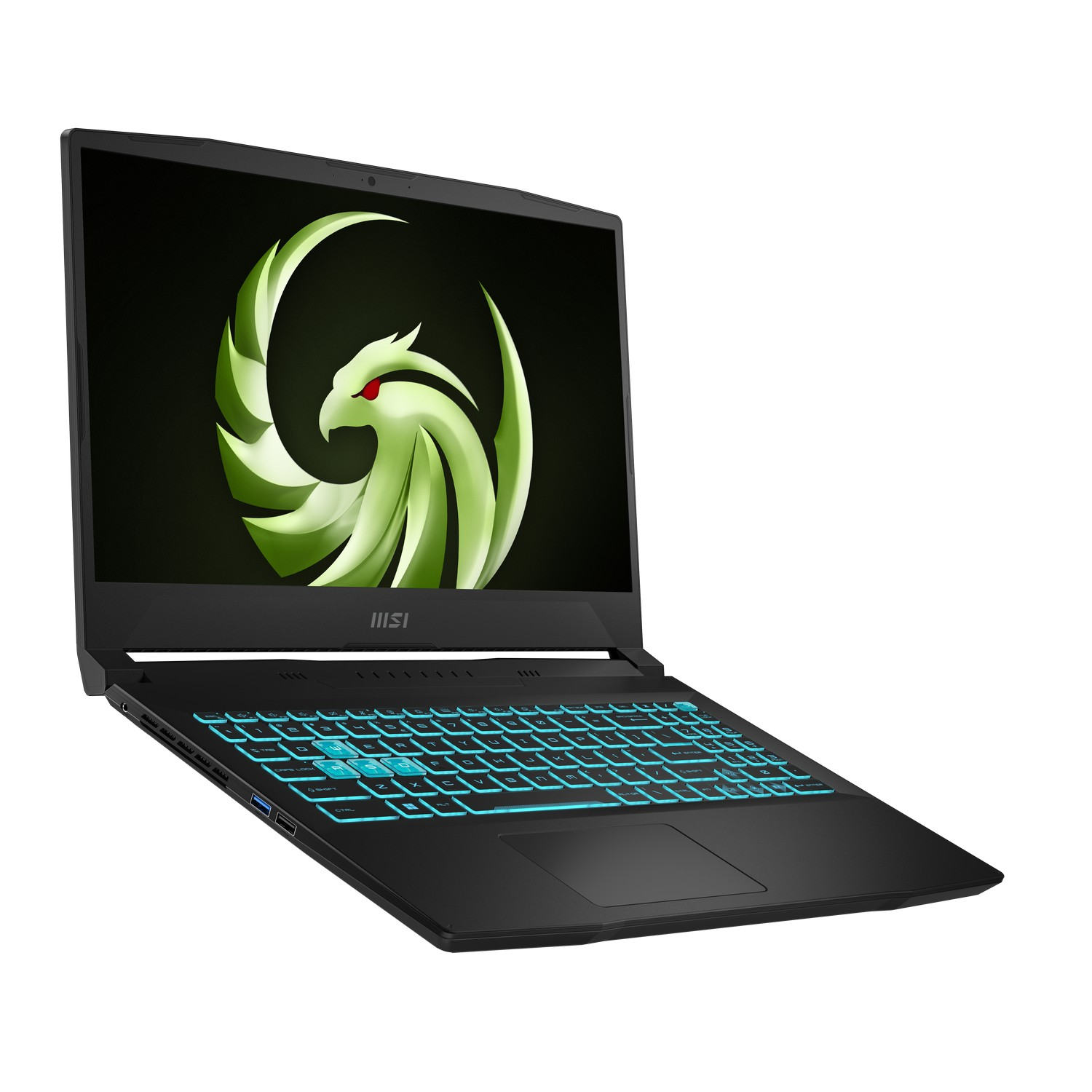 Ordinateur portable noir avec un logo vert sur l'écran. Le clavier a un rétroéclairage bleu. L'ordinateur portable est incliné et isolé sur fond blanc.