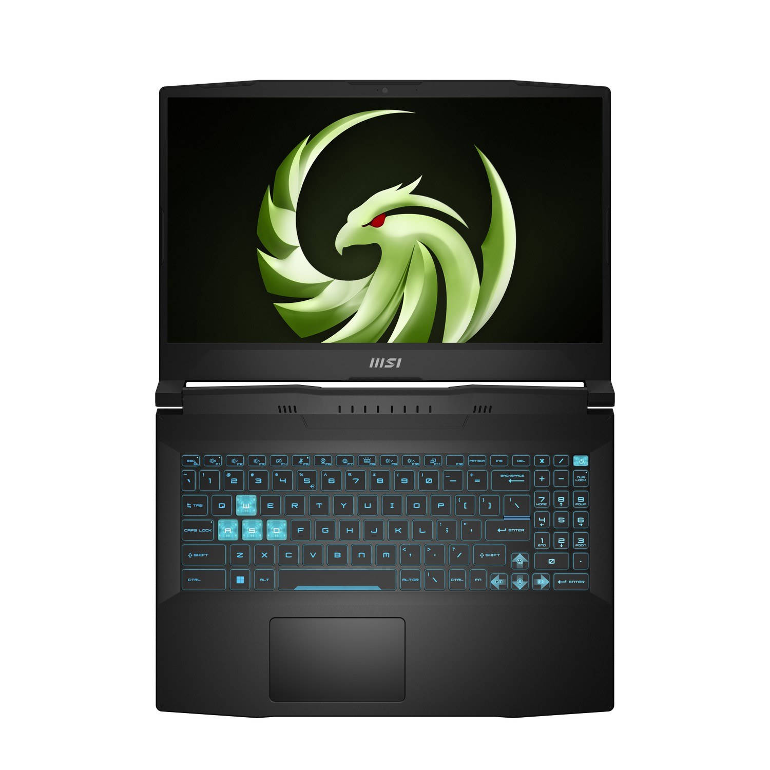 Ordinateur portable MSI noir, clavier éclairé, logo dragon vert sur l'écran. Les touches sont bleues.