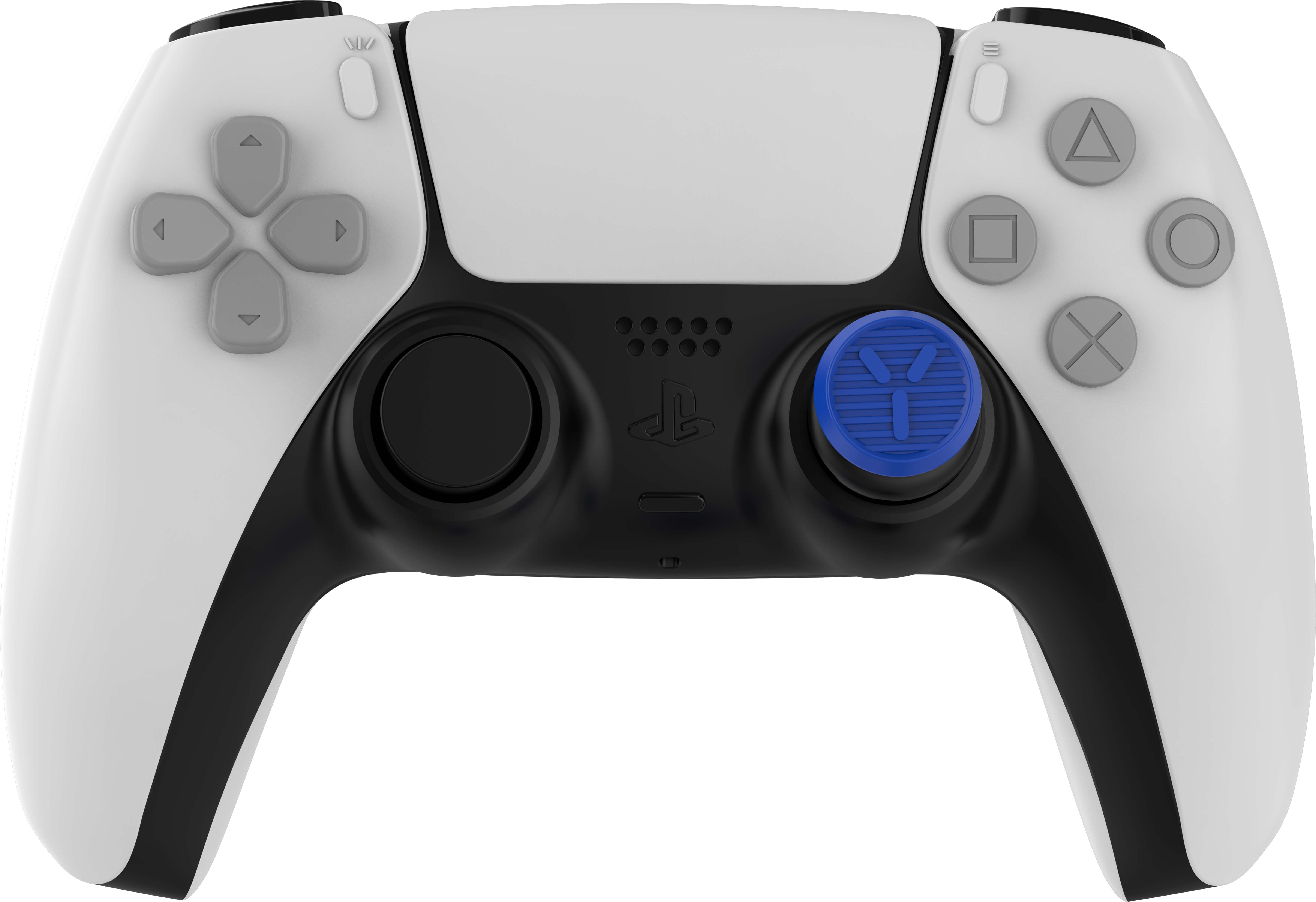 Manette Playstation 5 blanche et noire. Boutons gris. Joystick bleu à droite.
