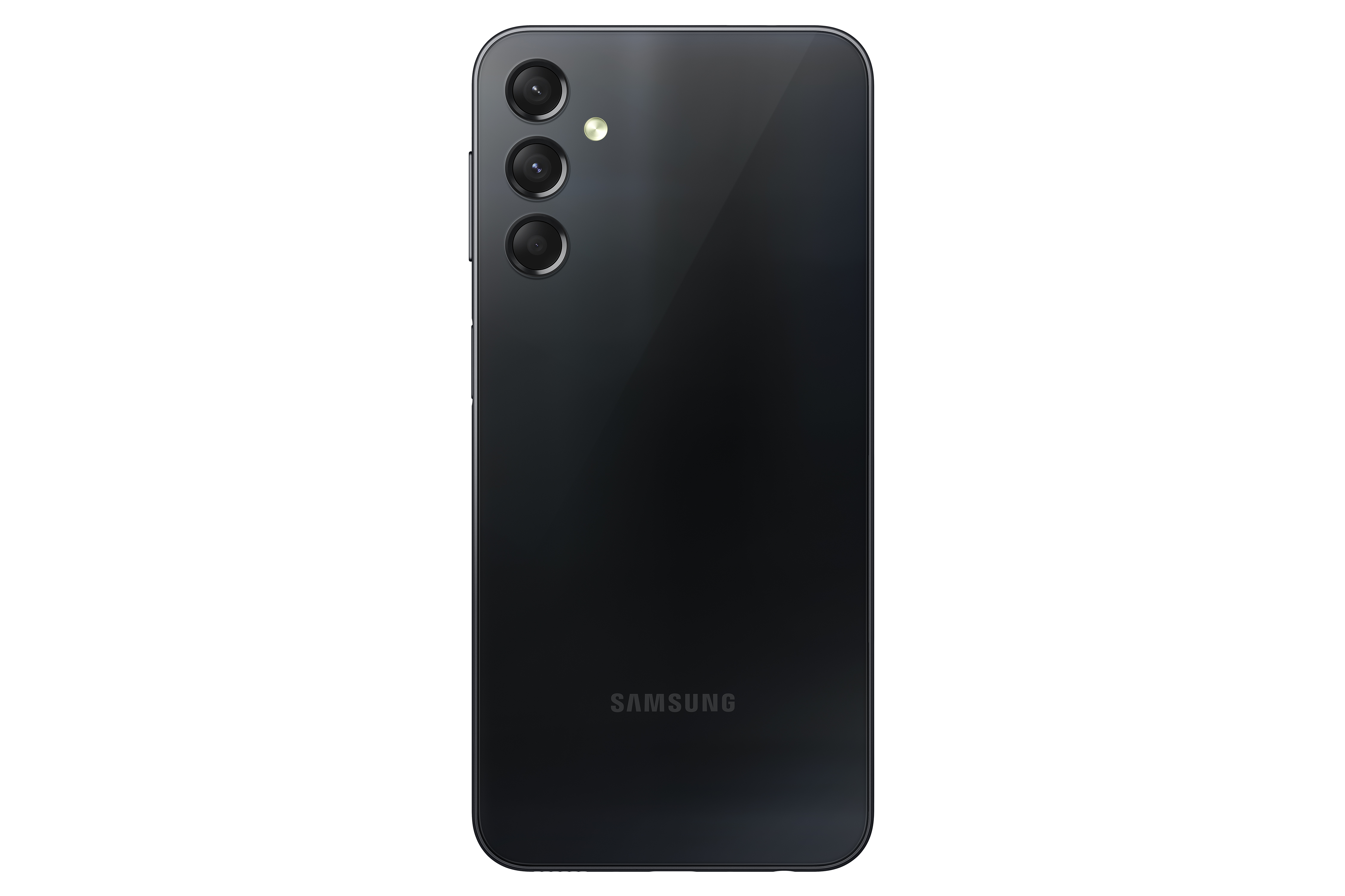 Üç kamerası olan siyah bir Samsung telefonun arka görünümü.