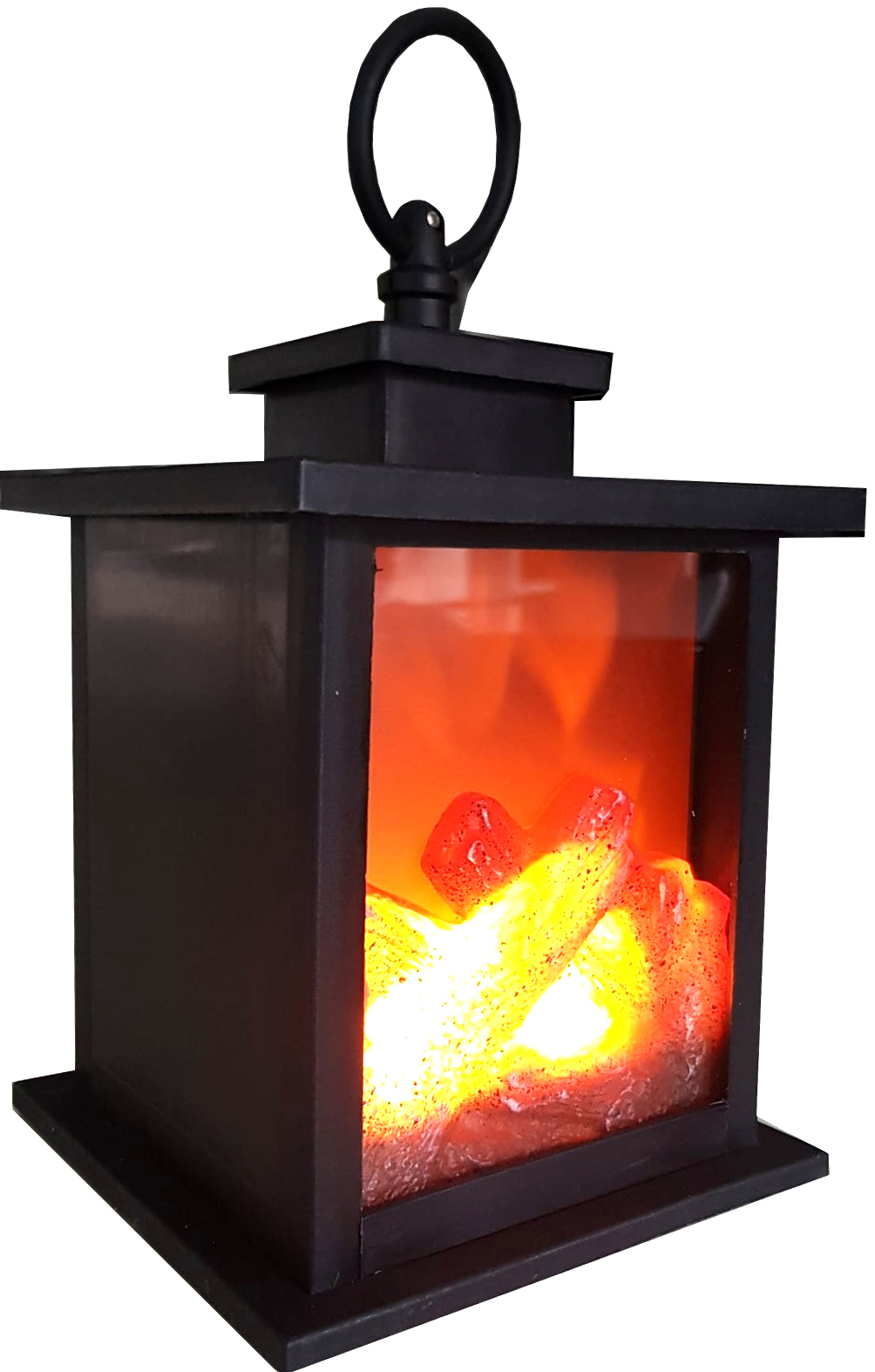 Schwarze Laterne mit einem Flammeneffekt, der Feuer simuliert.