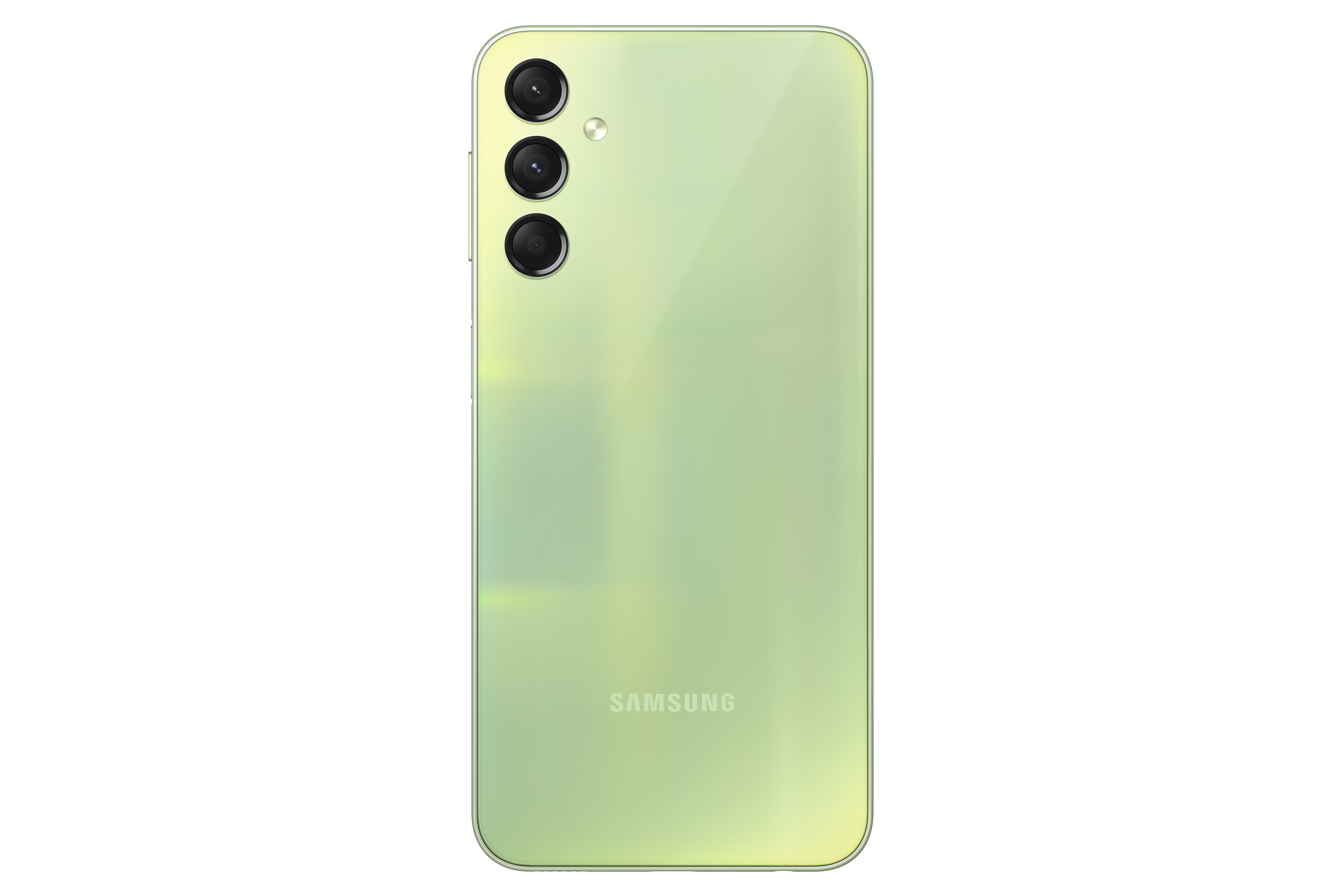 Üç kameralı yeşil akıllı telefon arkası. Altta Samsung logosu.
