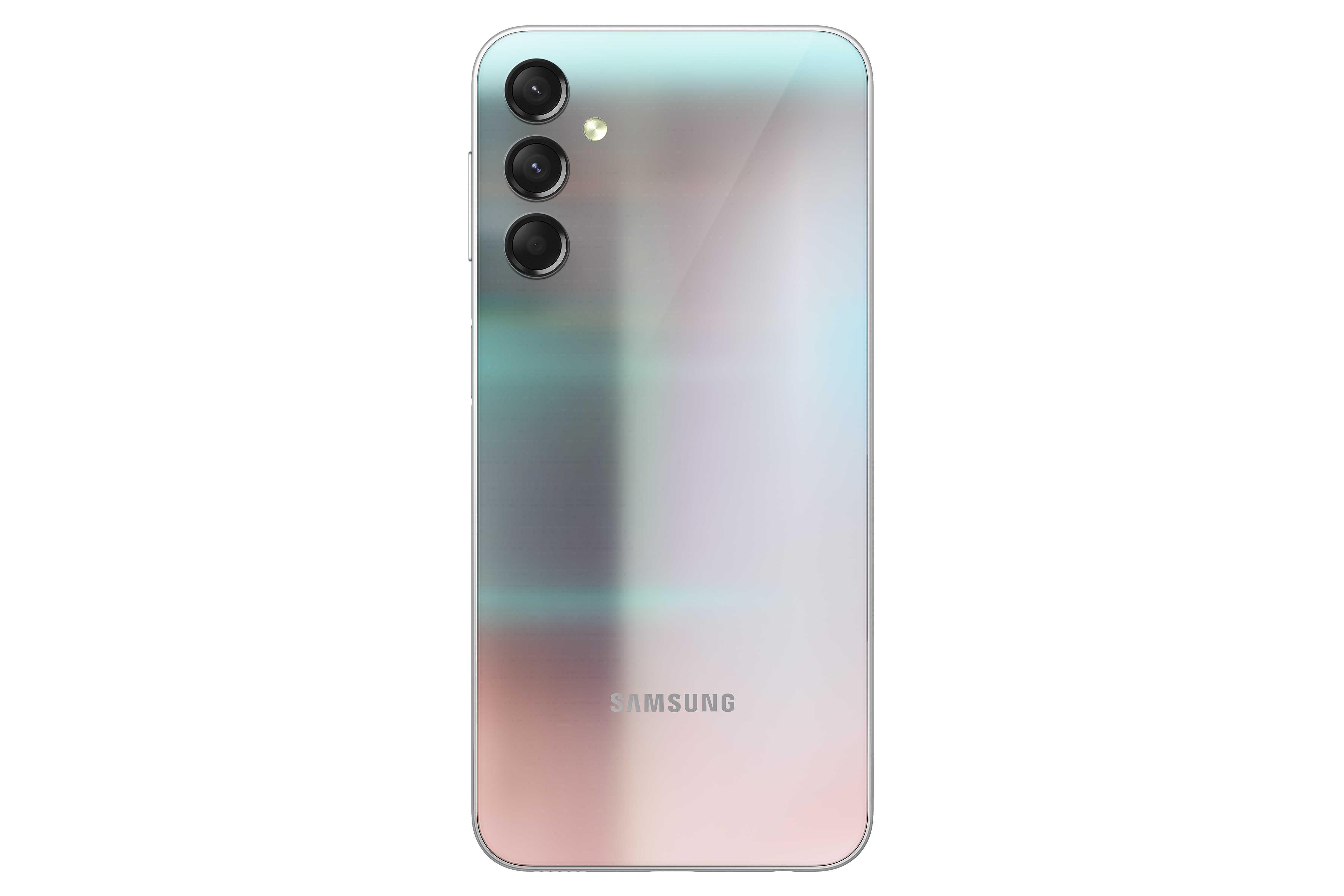 Üç kameralı bir Samsung telefonunun arkası, gümüş ve pembe gradyan.