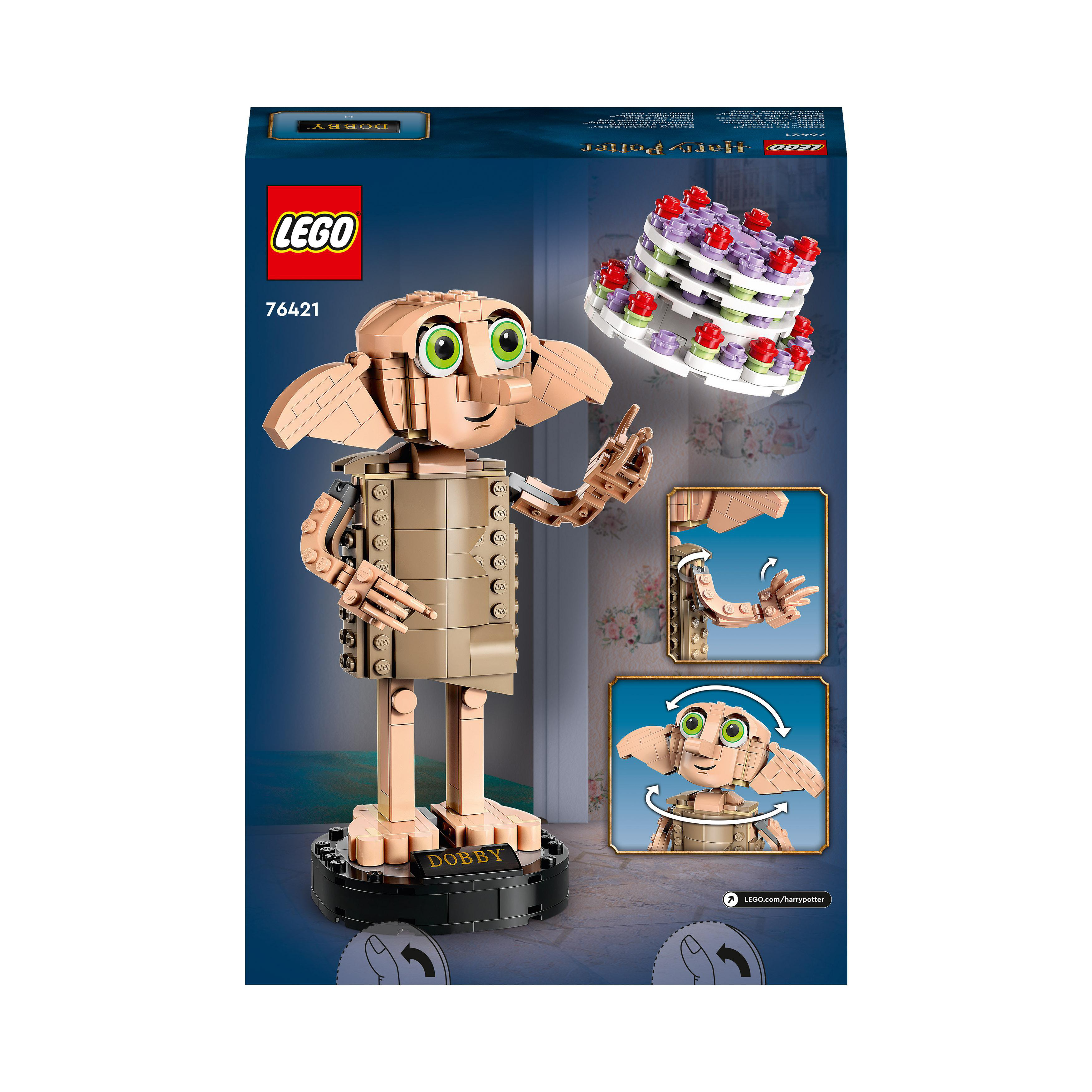 Lego Harry Potter Dobby Set. Dobby-Figur in der Mitte mit einem Kuchen.
