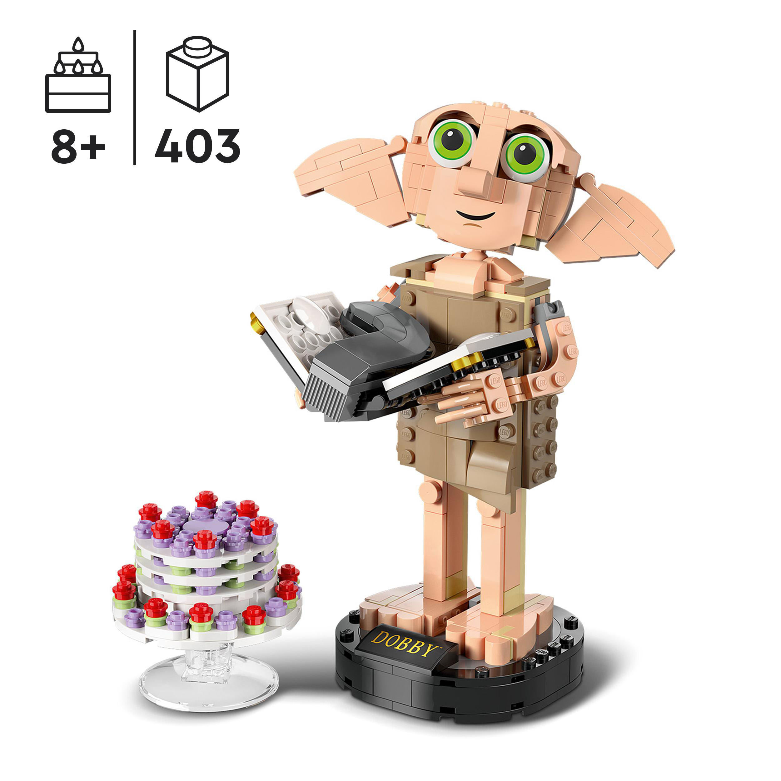 LEGO Harry Potter Dobby Figur mit Kuchen und Text, der Alter und Stückzahl angibt.
