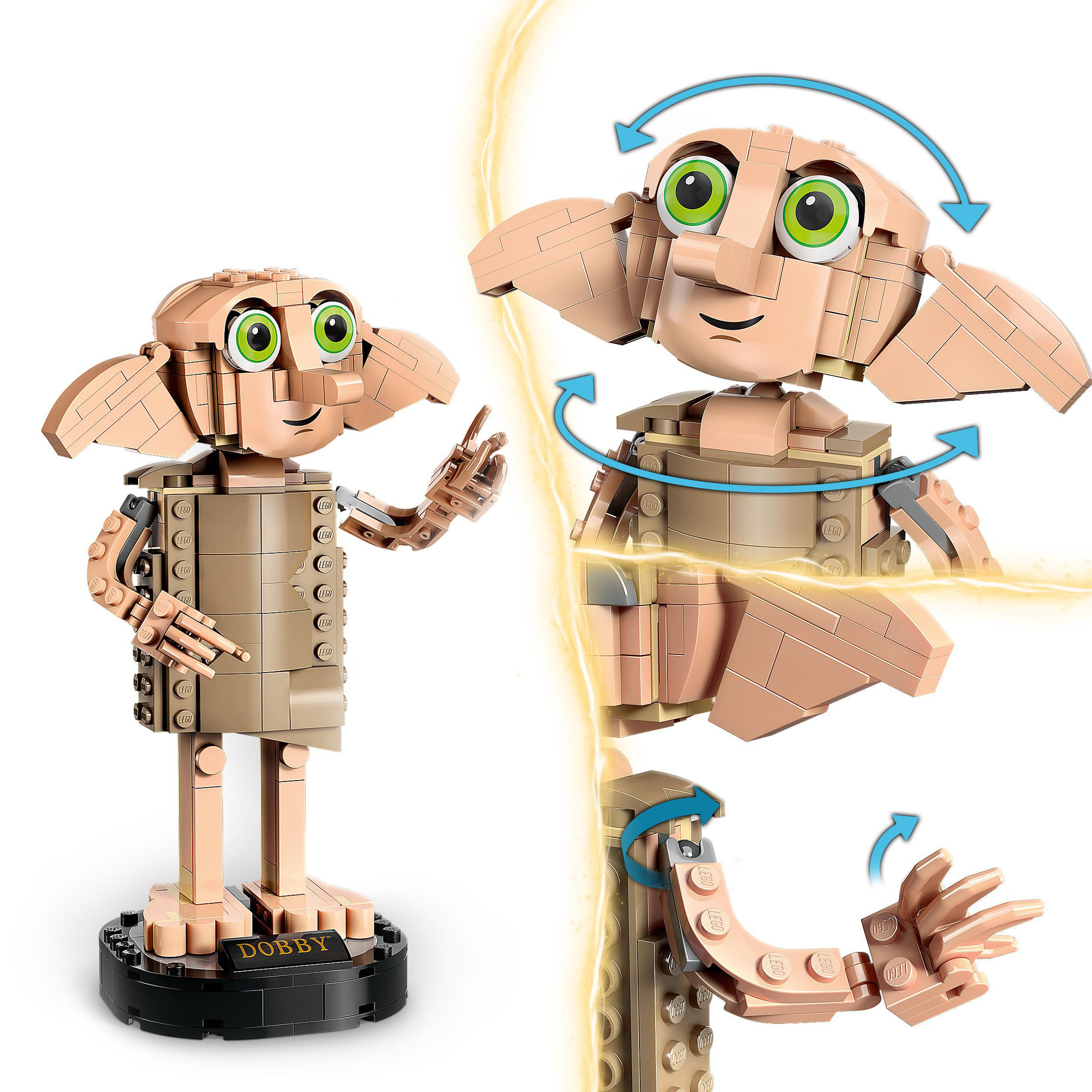 LEGO Dobby-Figur mit beweglichen Teilen und Sockel vor weißem Hintergrund.