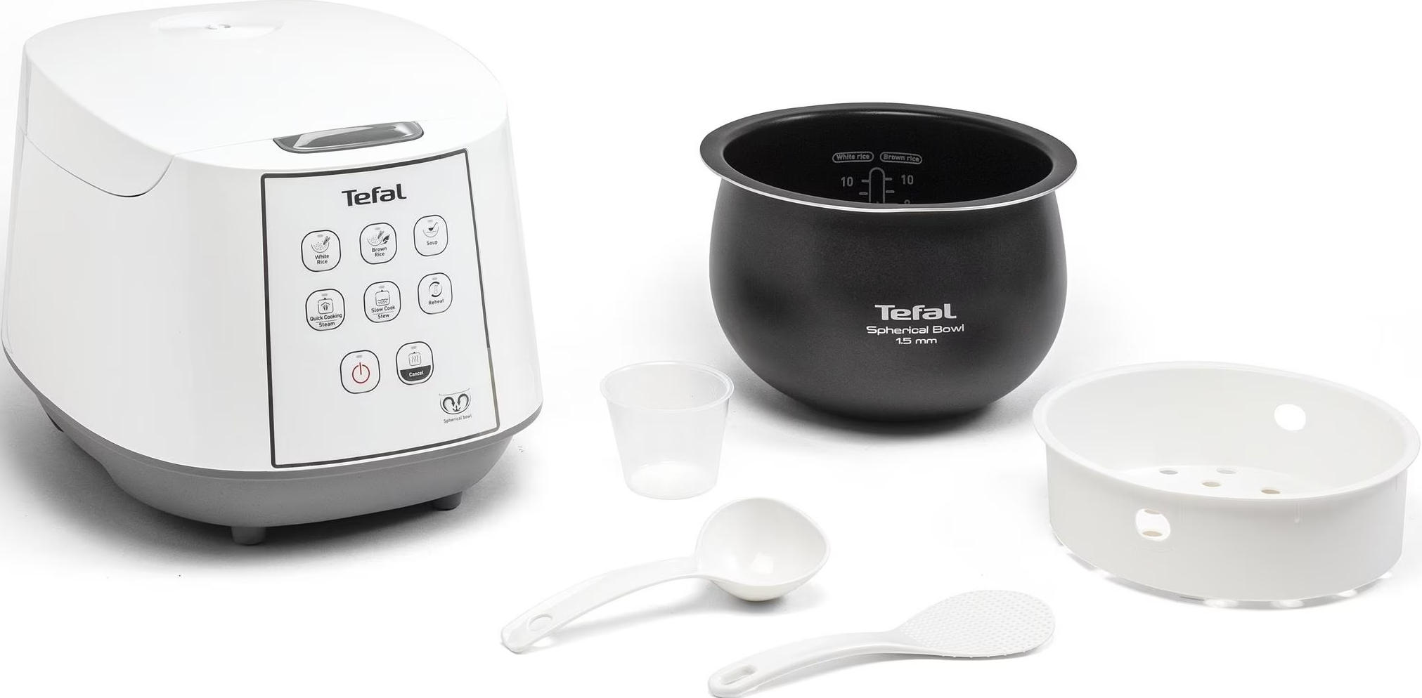 Ein weißer Tefal Reiskocher mit Zubehör: Schüssel, Dampfgarer, Becher und Löffel.