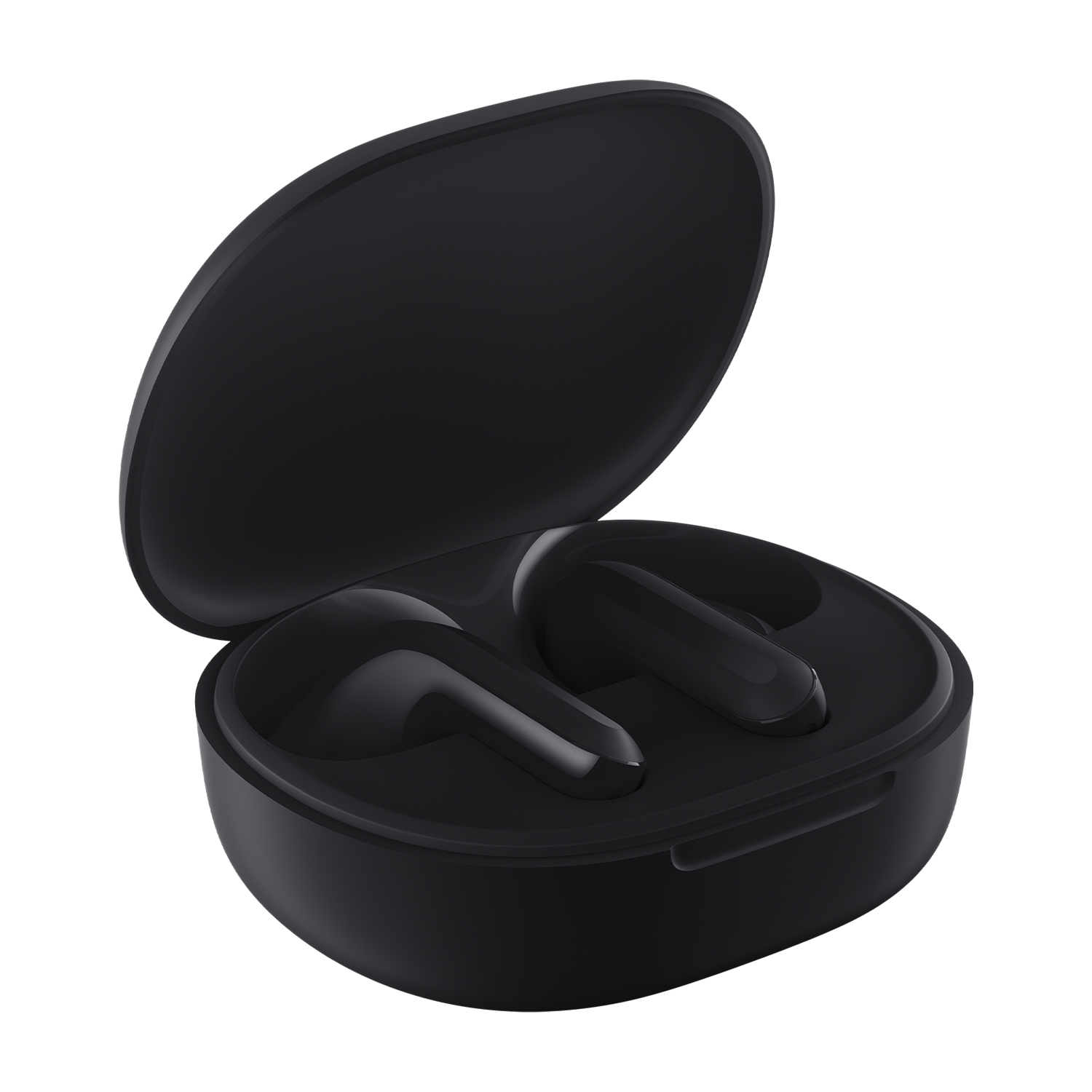 Auricolari neri in una custodia di ricarica nera aperta. Gli auricolari sono eleganti e arrotondati.