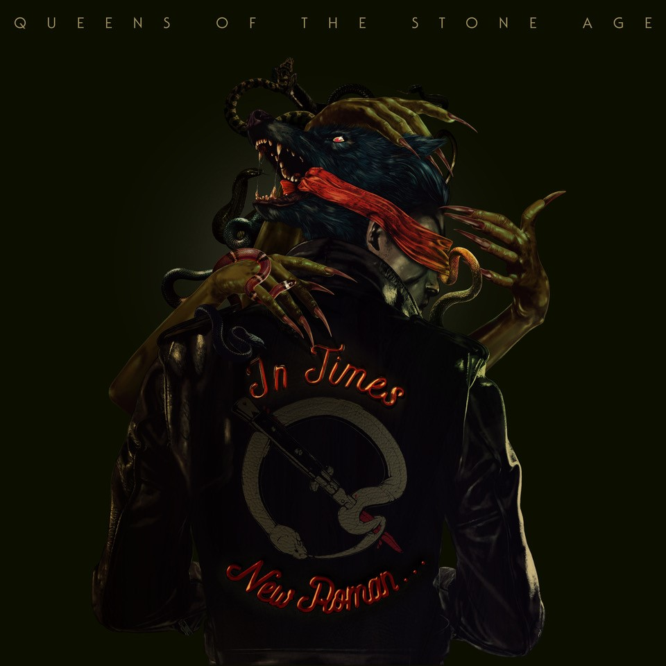 Albumcover mit einer Person in Lederjacke, Händen und Schlangen. Text: "In Times New Roman".