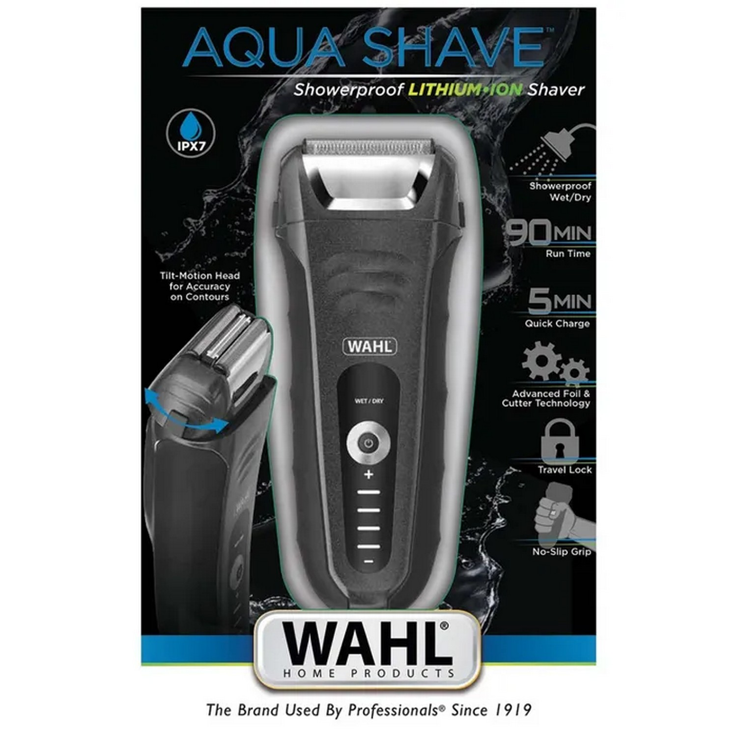 Een productfoto van de Wahl Aqua Shave, een zwarte en zilveren waterdichte elektrische scheerapparaat.