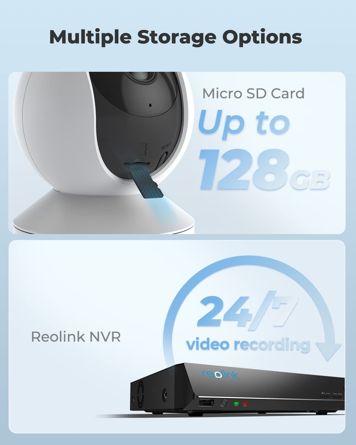 Telecamera di sicurezza bianca con slot per schede micro SD. Reolink NVR nero con registrazione 24/7.