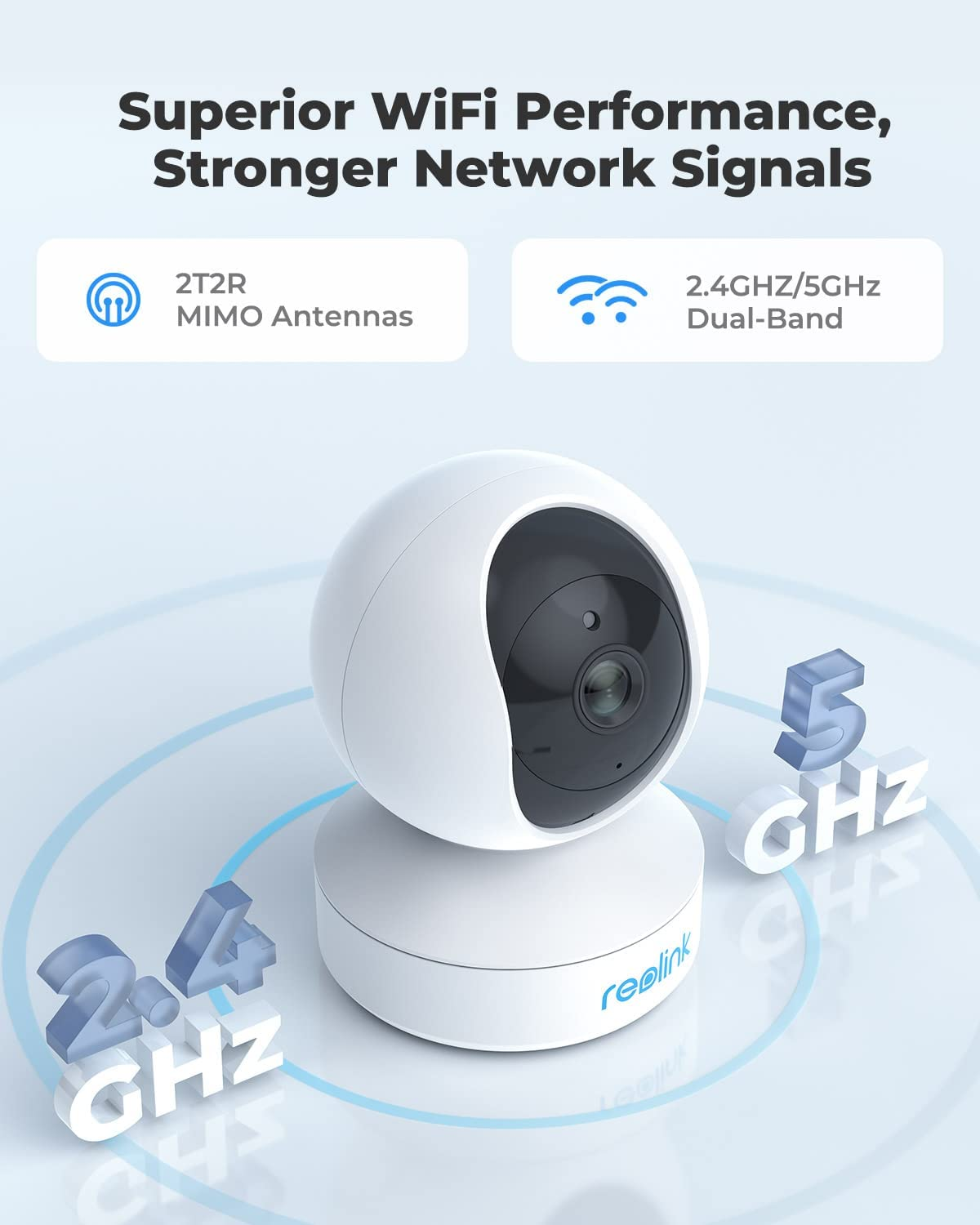Telecamera di sicurezza bianca su base. Testi '2.4 GHZ', '5 GHZ' e 'reolink' visibili.