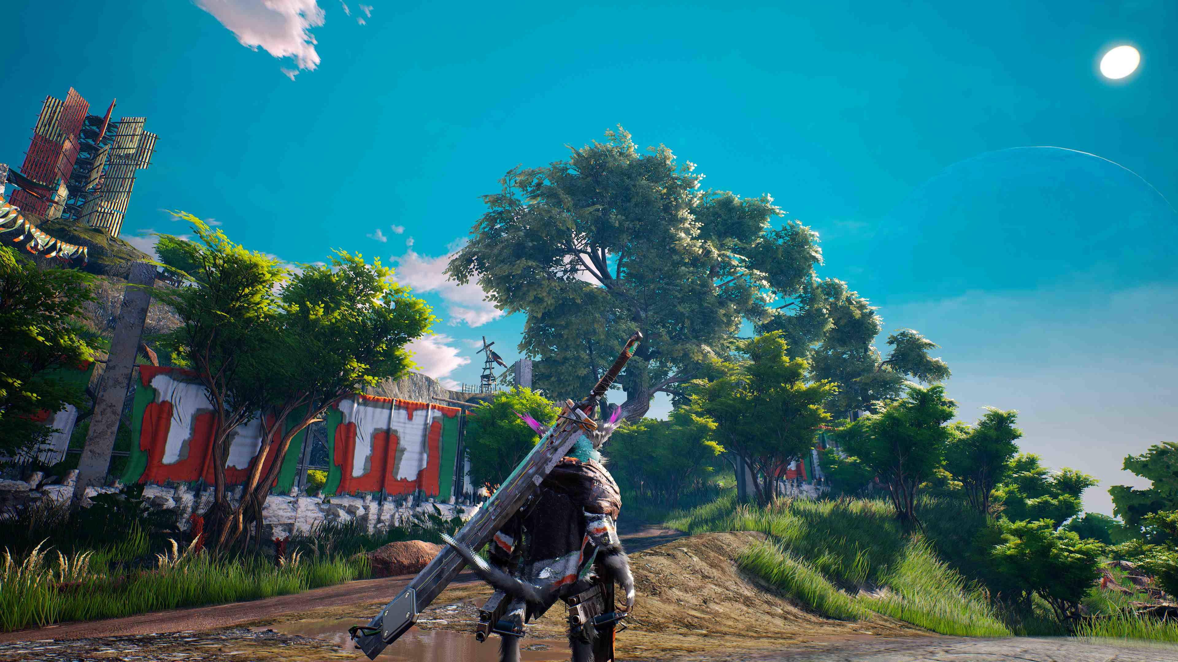 Una scena di gioco fantasy con un guerriero con una spada, alberi e cielo blu.