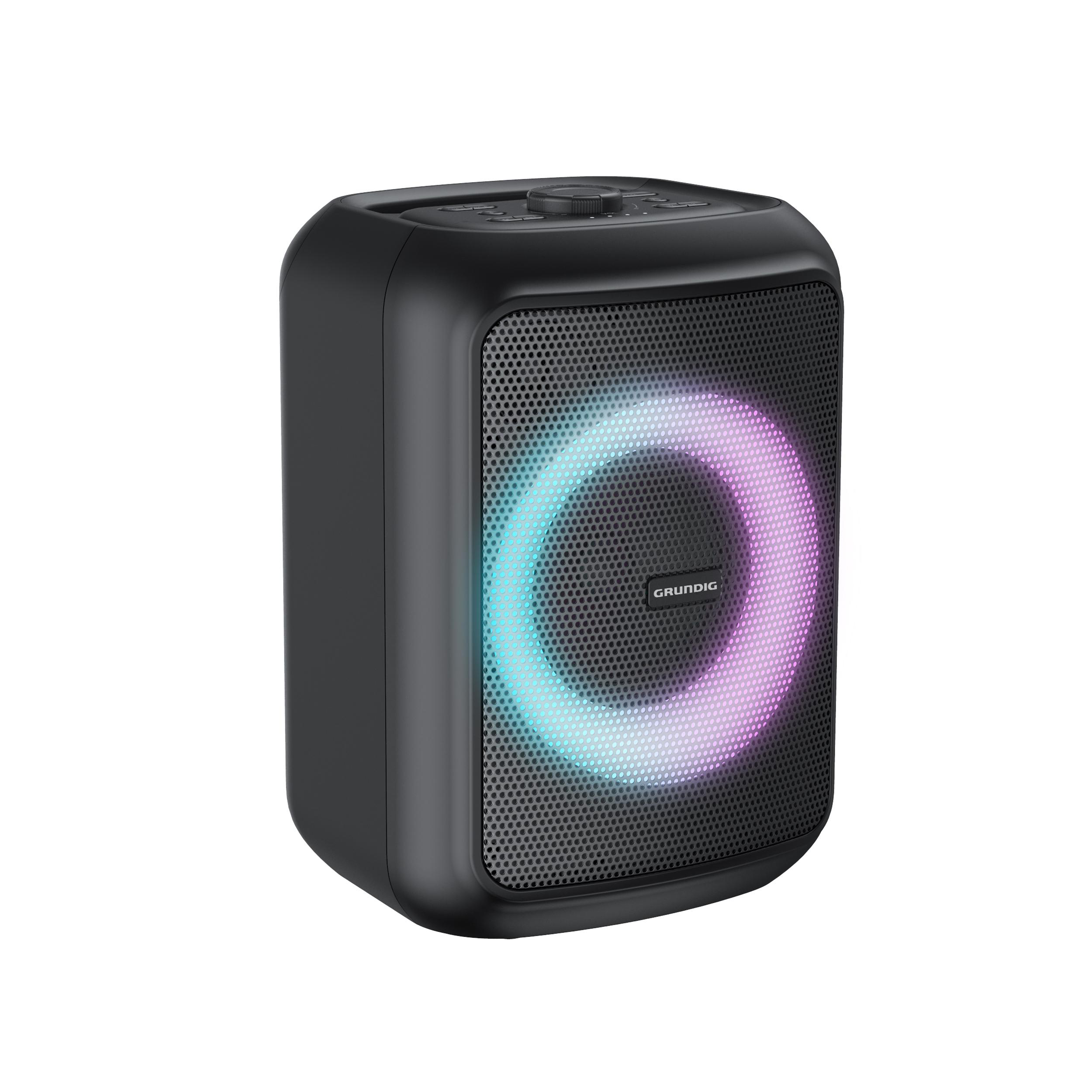 Schwarzer Grundig-Lautsprecher mit leuchtendem, kreisförmigem Design in Blau und Pink.