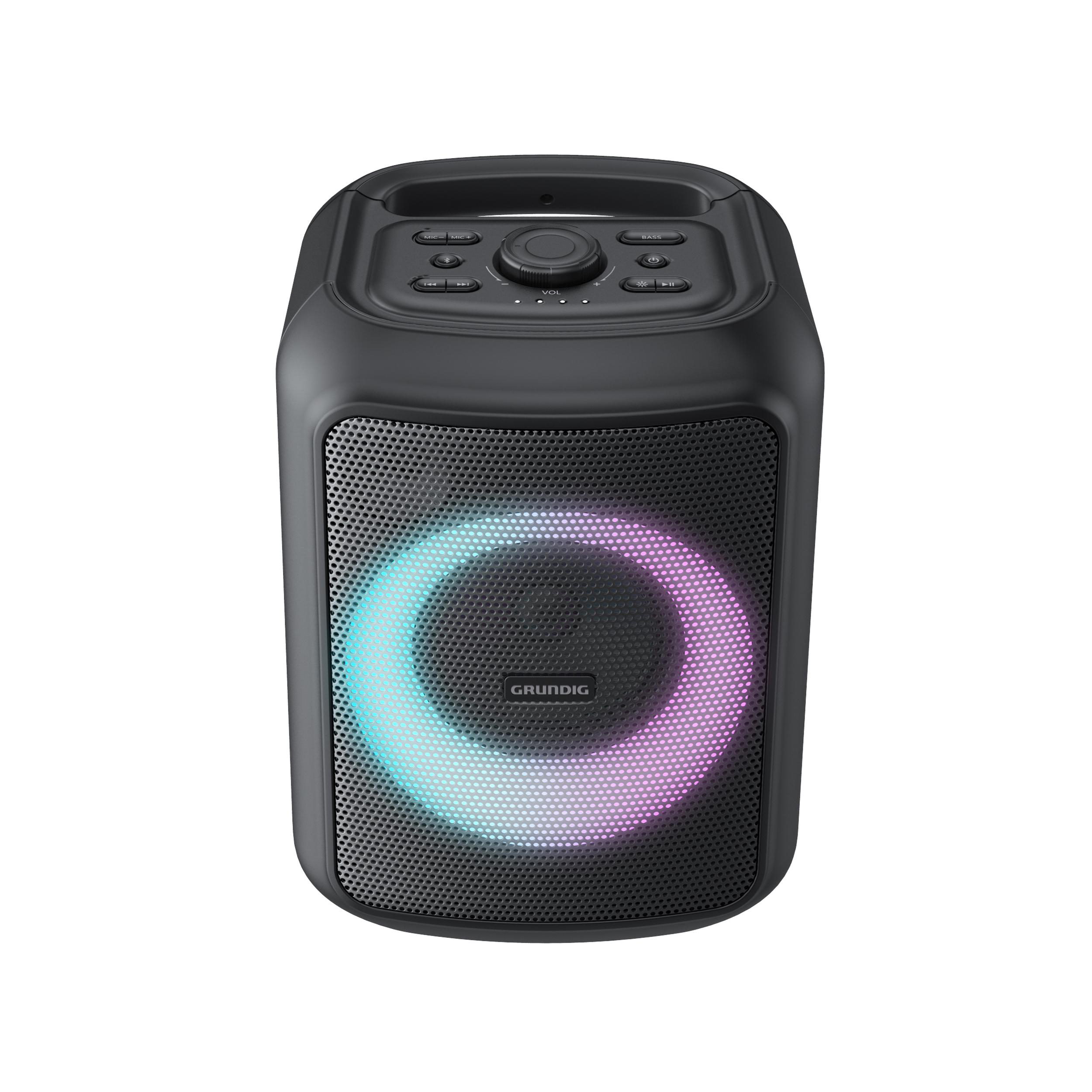 Schwarzer Grundig-Lautsprecher mit farbigem Lichtring und Bedientasten.