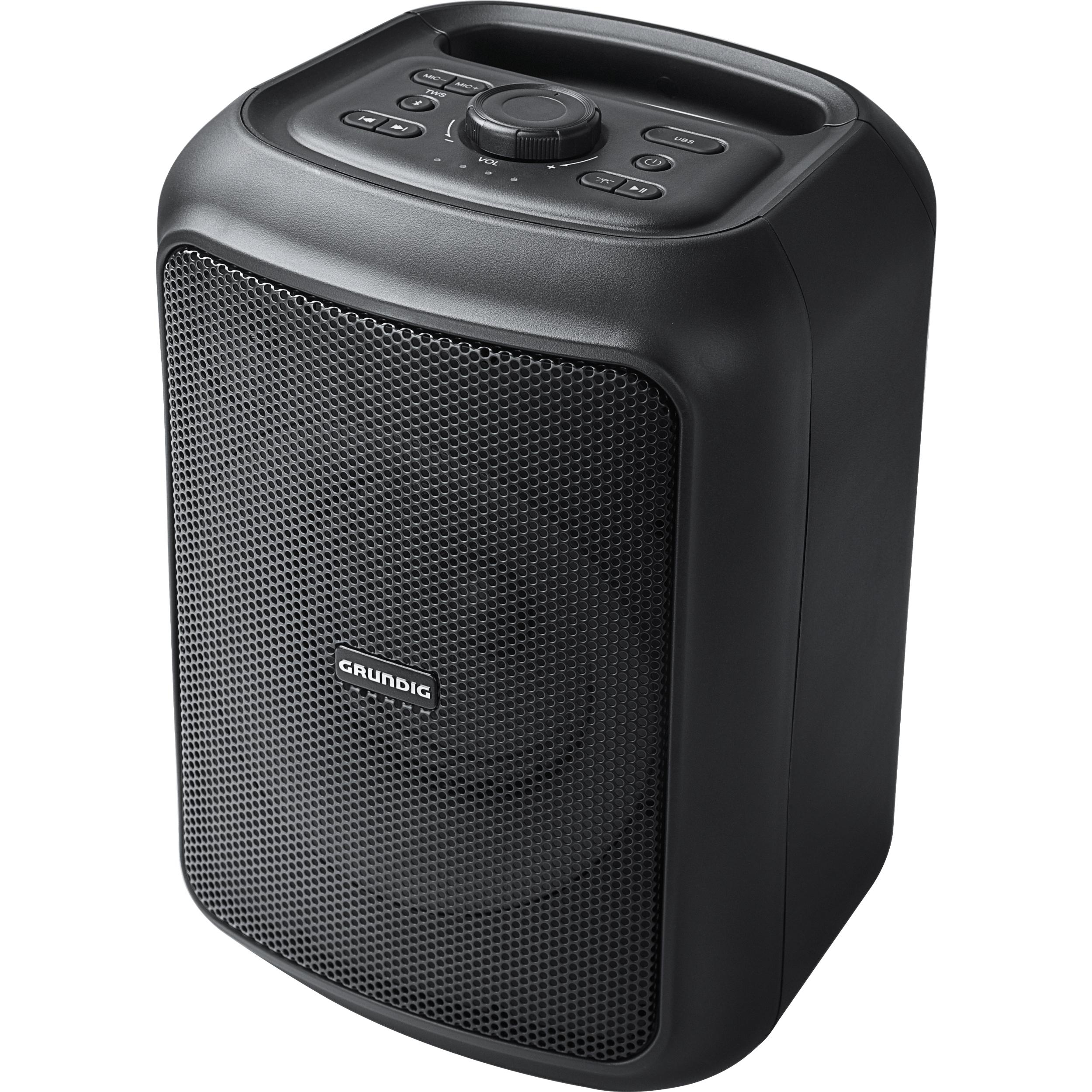 Ein schwarzer, kastenförmiger Lautsprecher mit Gitter und Bedienfeld oben. Marke: Grundig.