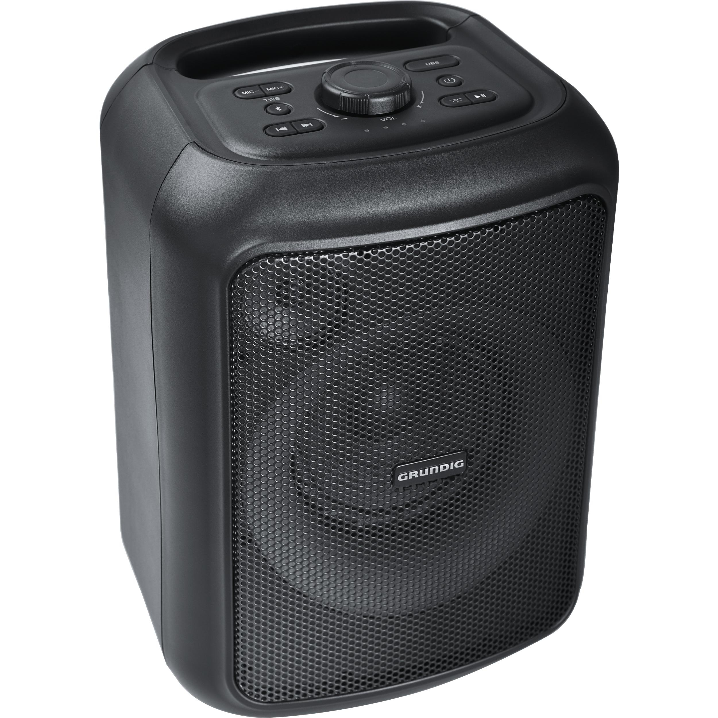 Schwarzer Grundig-Lautsprecher. Er hat einen Frontgrill, Knöpfe und einen Griff.