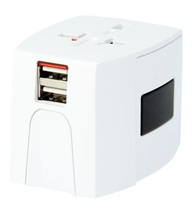 Fehér kocka adapter USB portokkal. Felül aljzatok. Fekete port az oldalon.