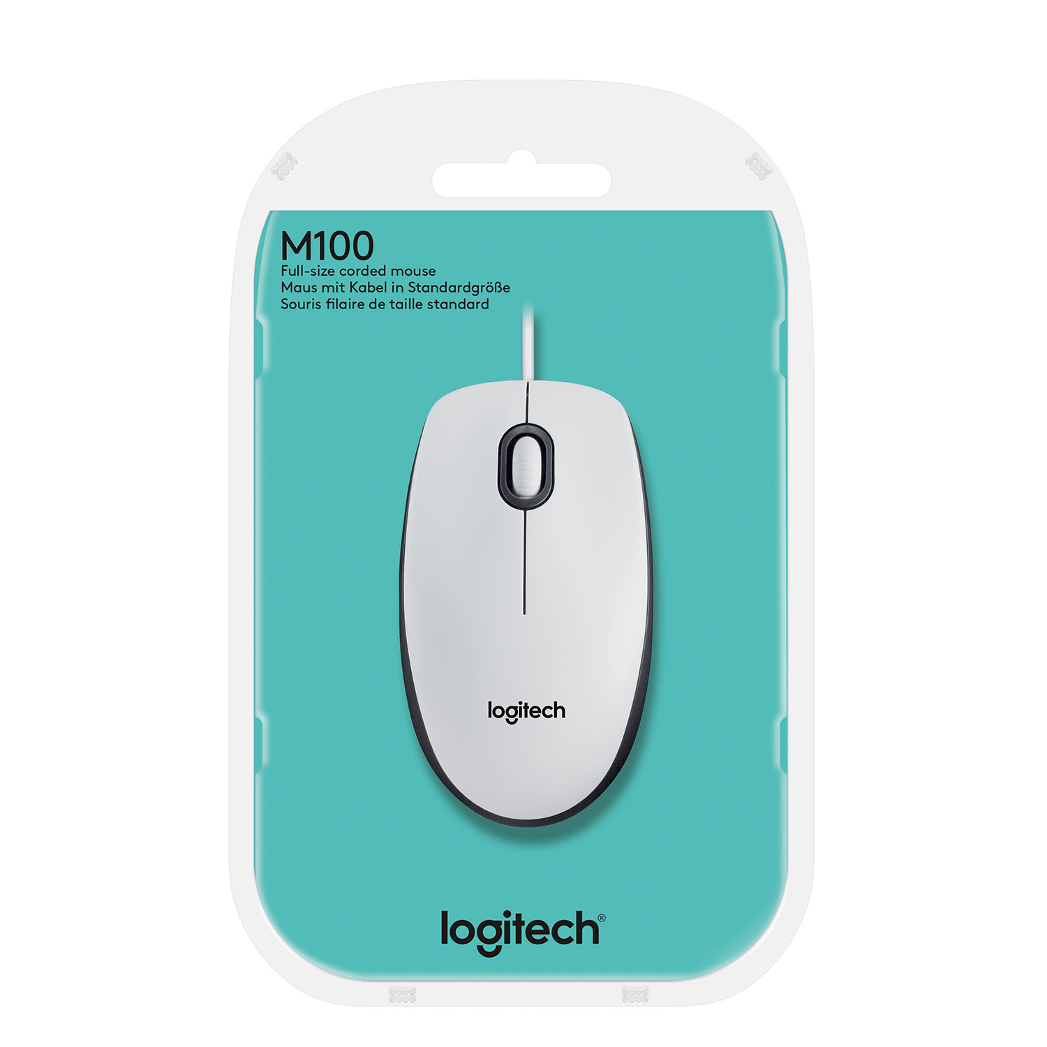 Ambalajında beyaz Logitech M100 kablolu fare. Fare çerçevede ortalanmış.