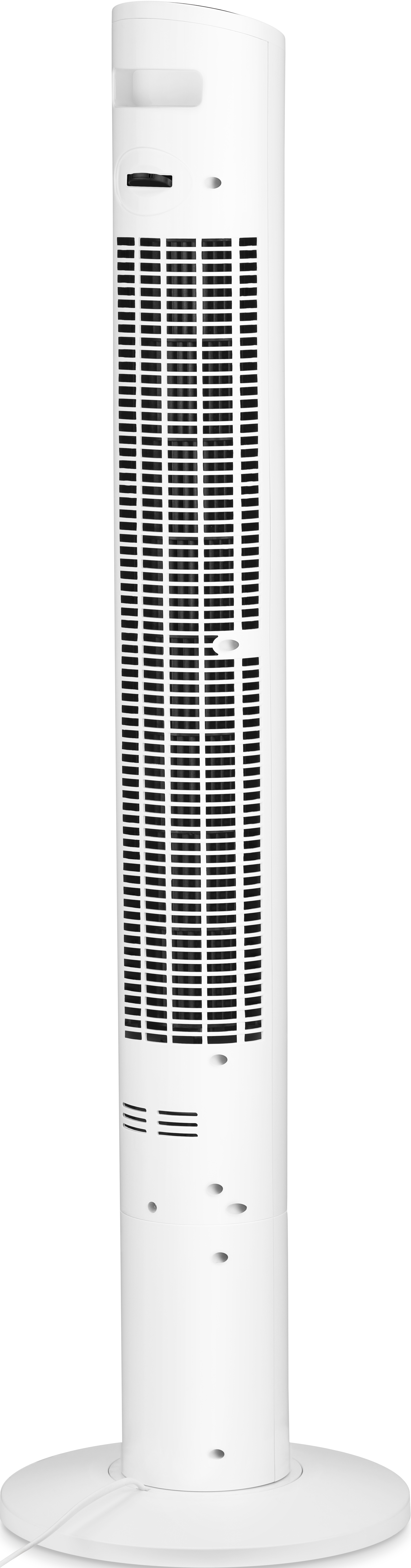 Weißer Turmventilator mit schwarzem Gitter und Sockel. Er ist hoch und schlank, mit rundem Sockel und Bedienfeld.