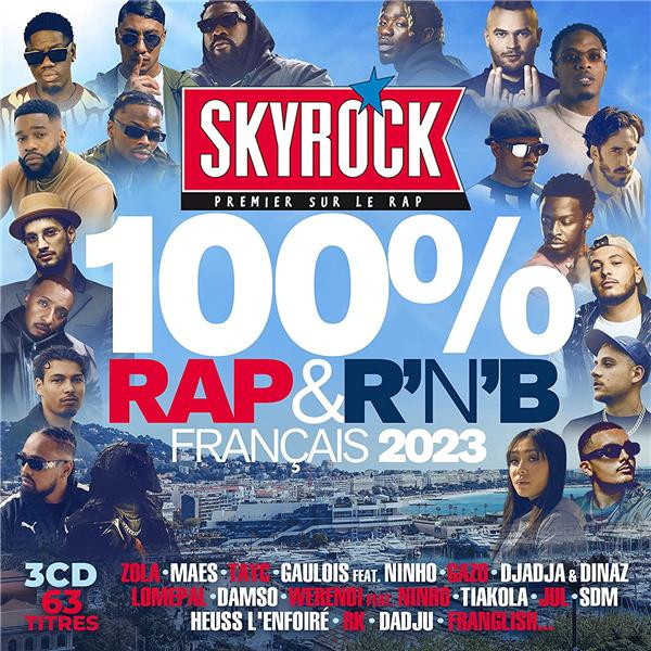 Magazine cover met meerdere rap artiesten. Tekst zegt 'SKYROCK' en '100% RAP & R'N'B FRANCAIS 2023'.