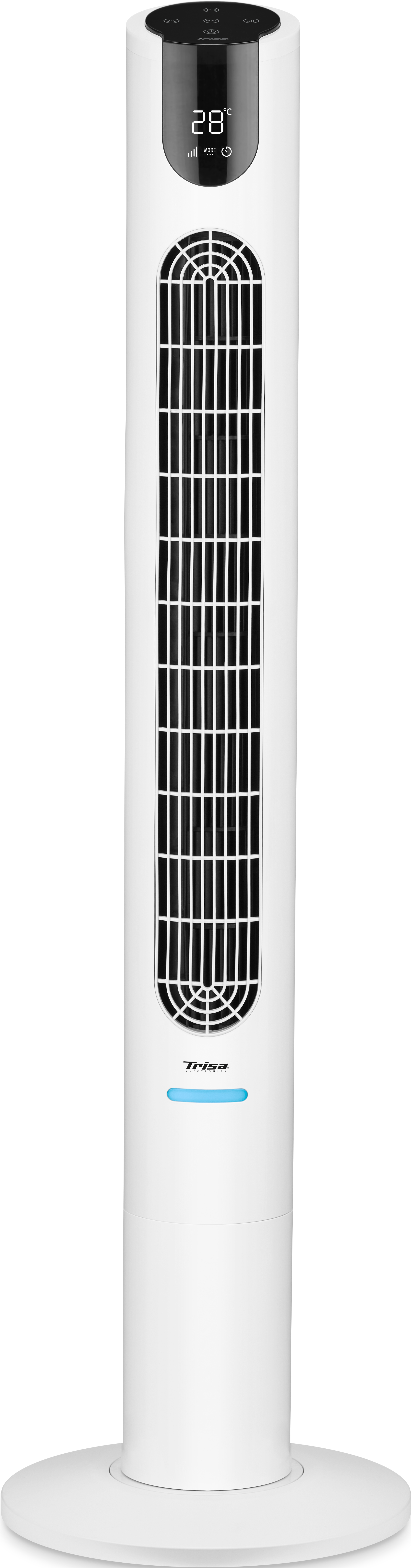 Weißer Turmventilator mit Digitalanzeige, die 28 Grad anzeigt. Mit schwarzem Lüfter und blauem Einschaltknopf.