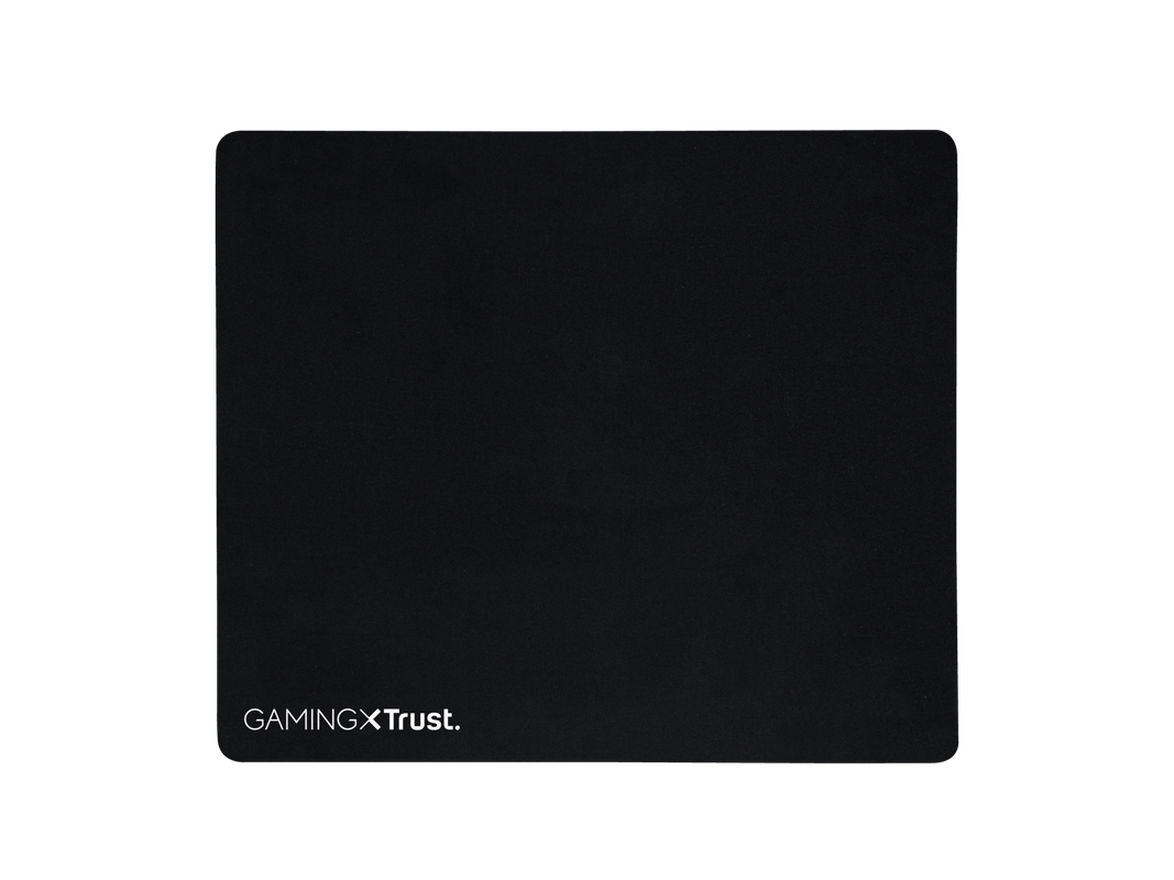 "GAMINGX Trust" metni olan siyah Trust oyun mousepad'i. Siyah zemin.