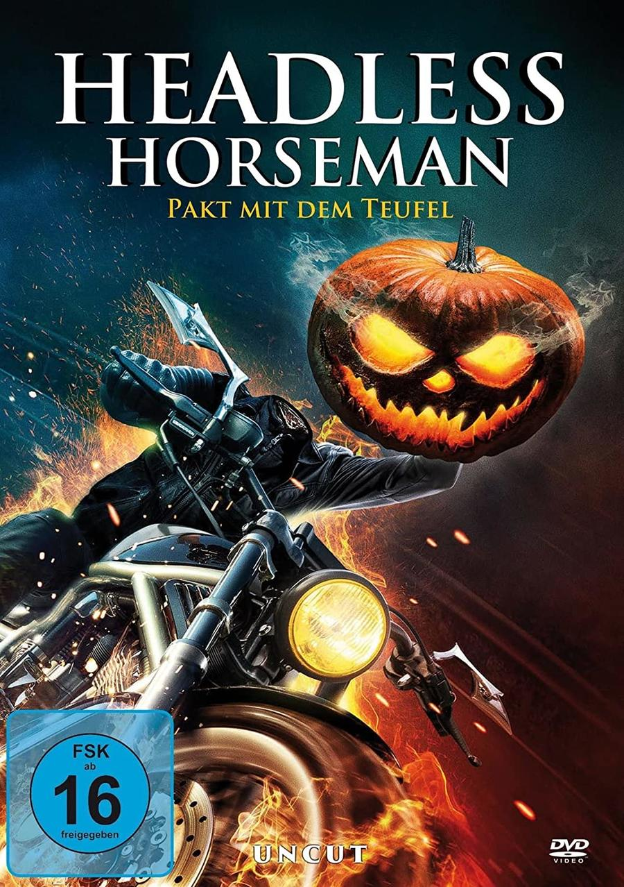 Filmcover mit einem Kürbiskopf auf einem Motorrad. Der Titel ist 'Headless Horseman'.