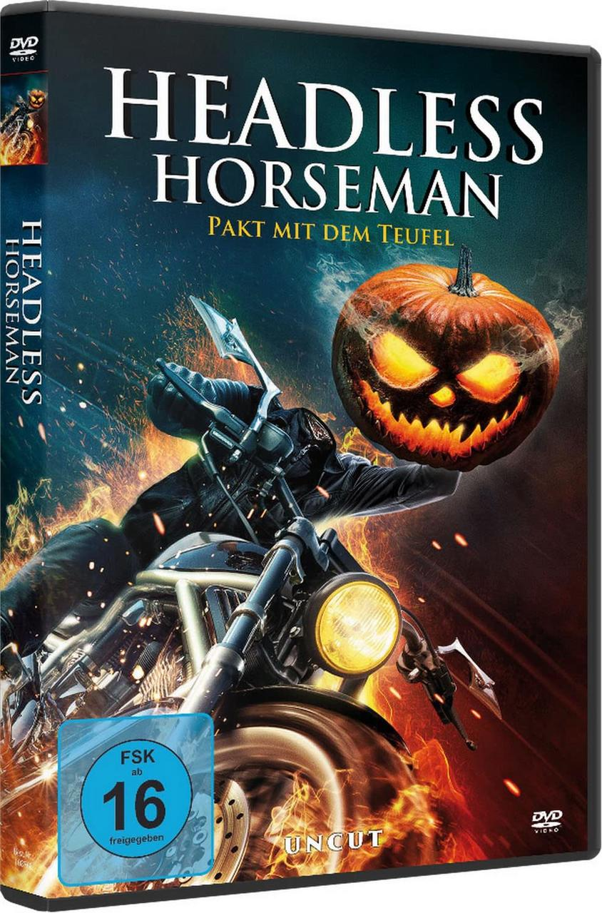 DVD-Cover mit kopflosem Reiter auf einem Motorrad. Brennende Flammen und Kürbis.