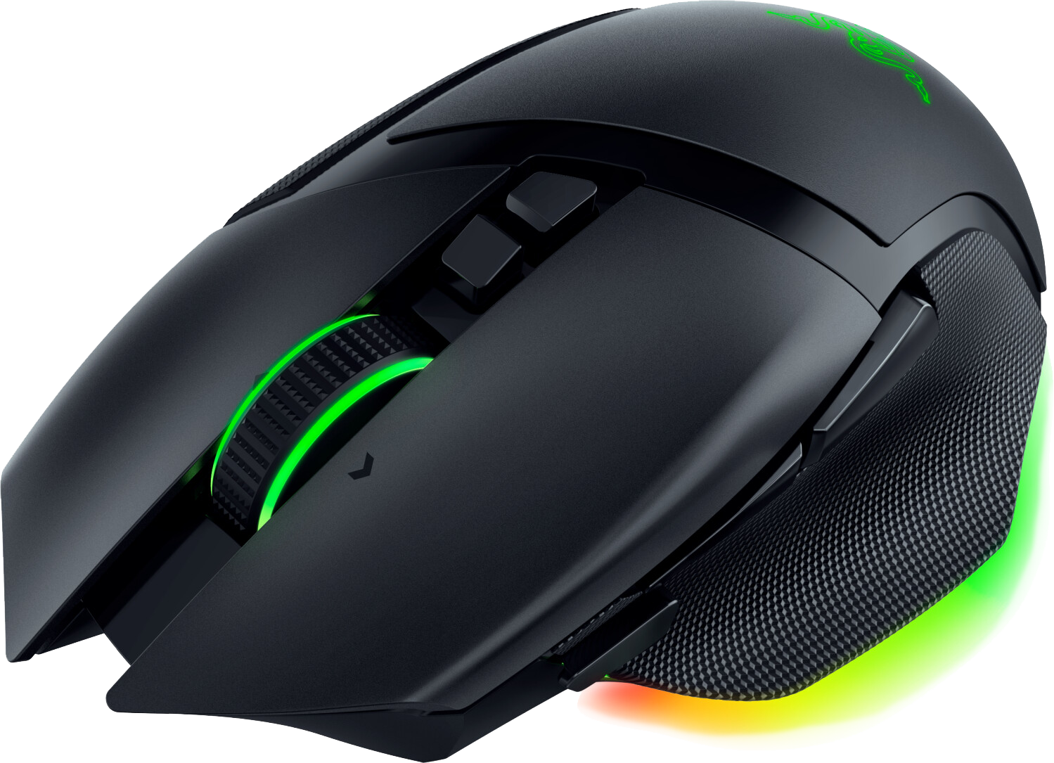 Fekete Razer gaming egér zölden világító görgővel és díszítéssel. Oldalsó gombok láthatók.