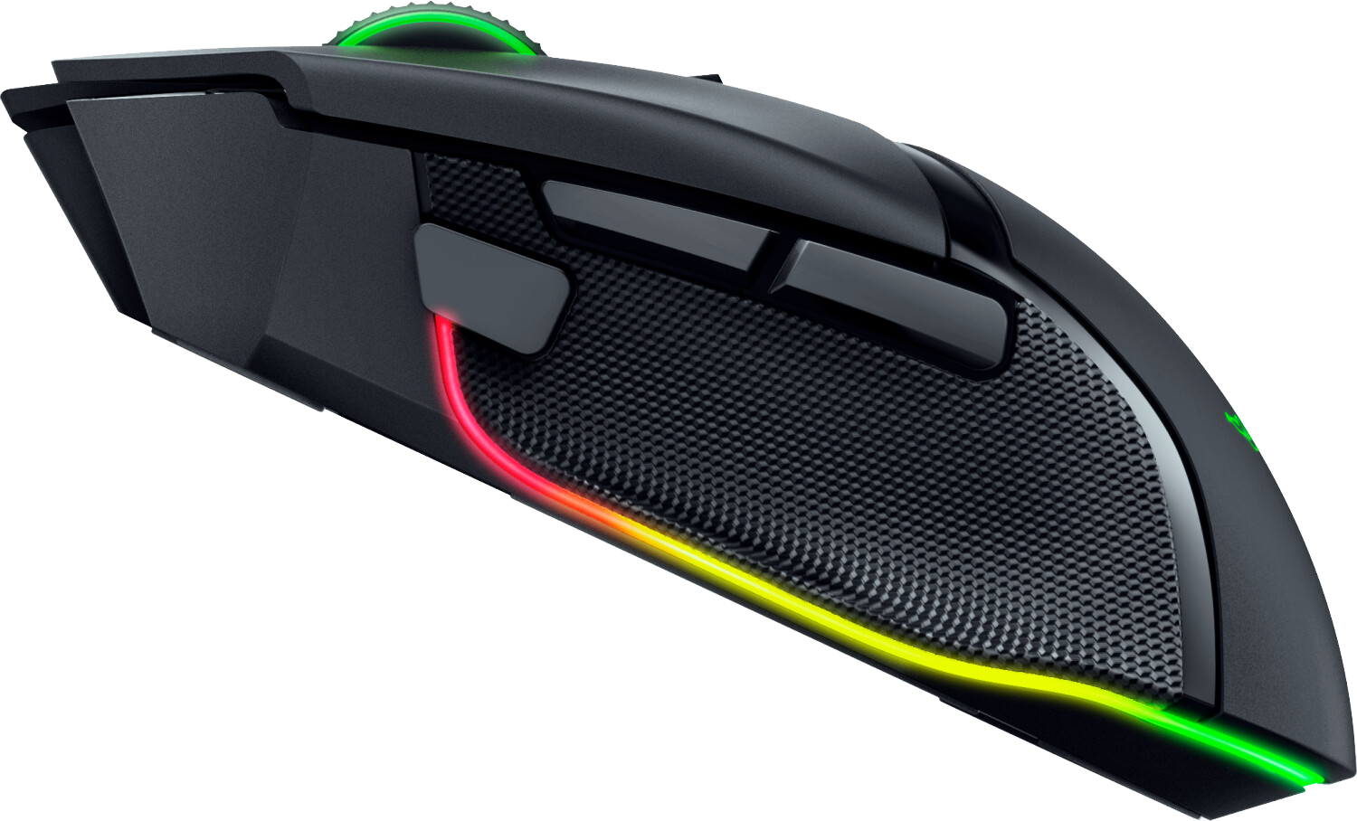 Egy fekete gamer egér közelről, RGB világítással az oldalán és görgetőkerékkel.