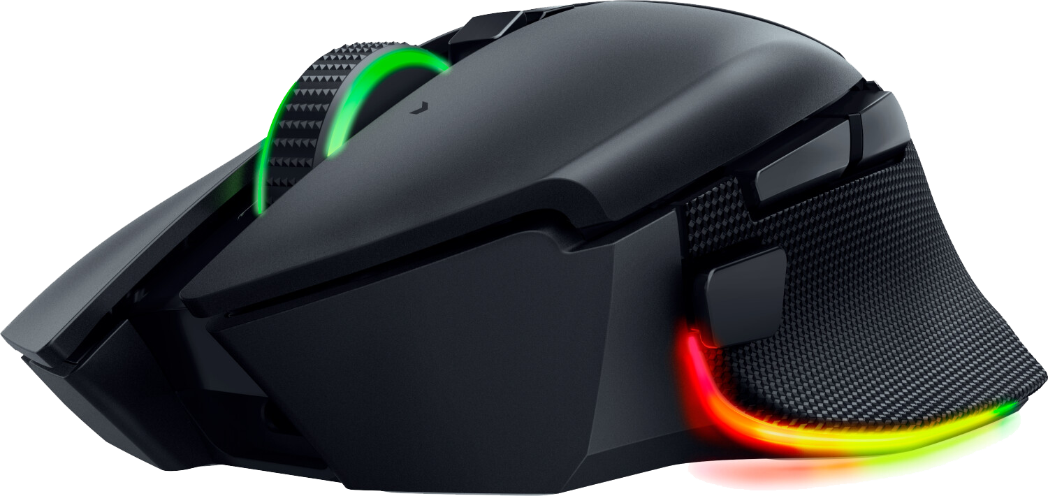 Fekete gamer egér RGB világítással az oldalon és a görgőn, fekete felületen.