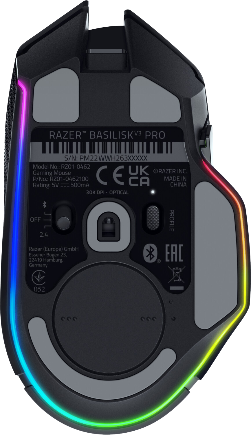 Gaming egér alja RGB világítással, gombokkal és műszaki részletekkel.
