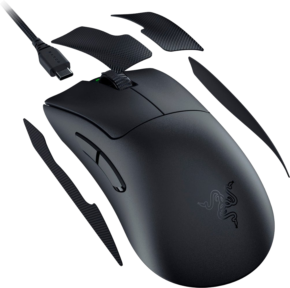 Fekete gamer egér levehető markolatbetétekkel. A Razer logó látható.