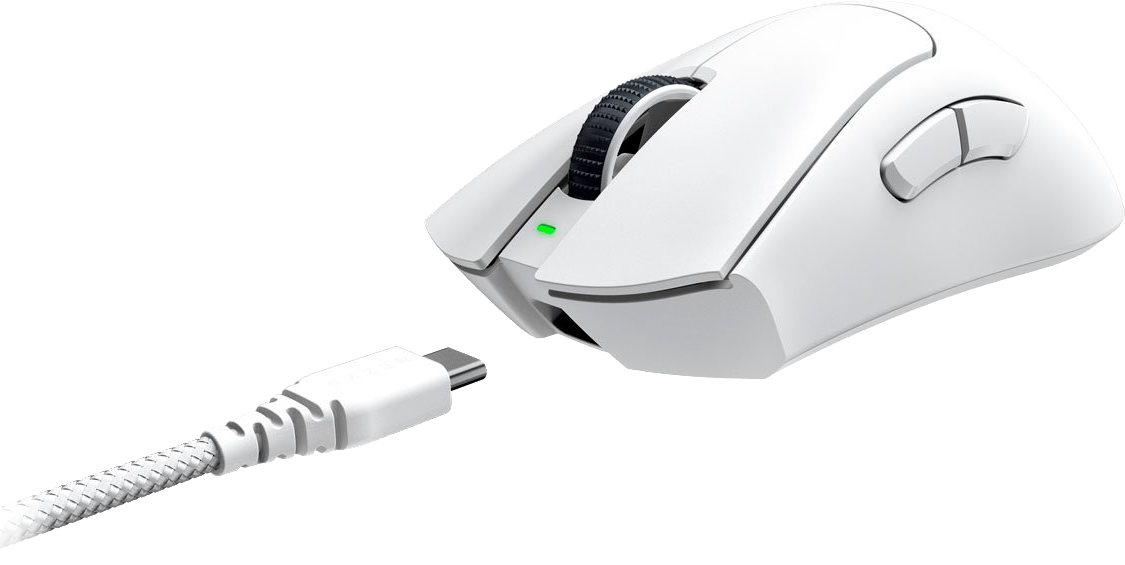 Fehér Razer egér fehér kábellel. Az egér fekete háttéren van.
