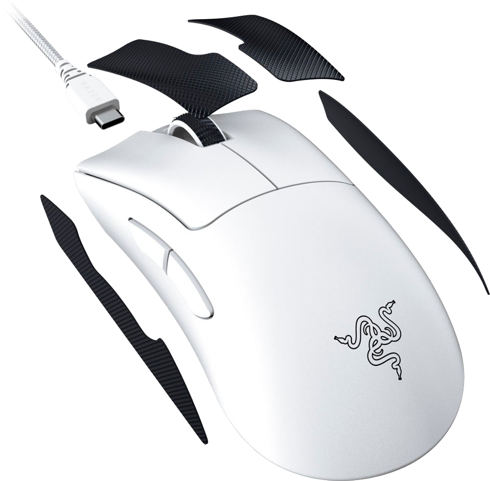 Fehér gamer egér Razer logóval. Tartalmaz kábelt és kiegészítő markolatokat.