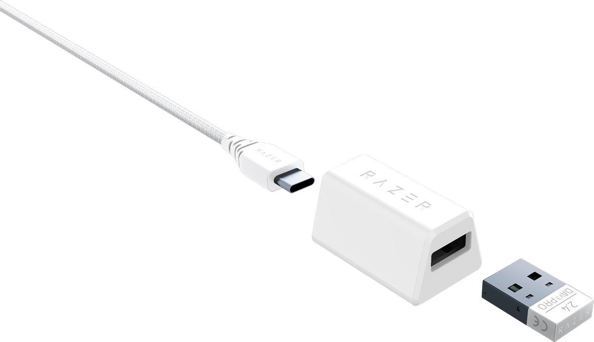 Egy fehér Razer USB-adapter és egy fehér USB-C kábel.