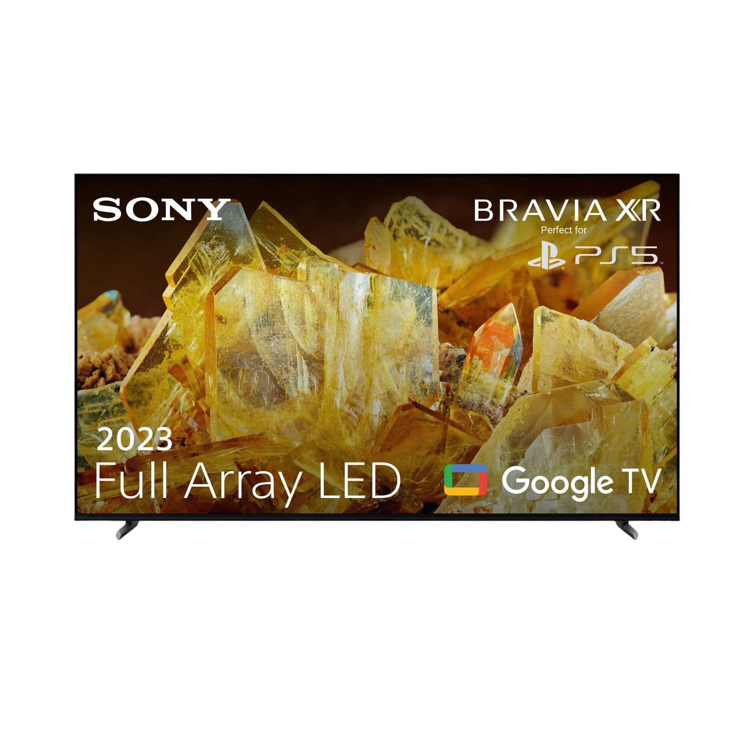 TV Sony Bravia XR, fond jaune abstrait, Google TV, logo PS5.